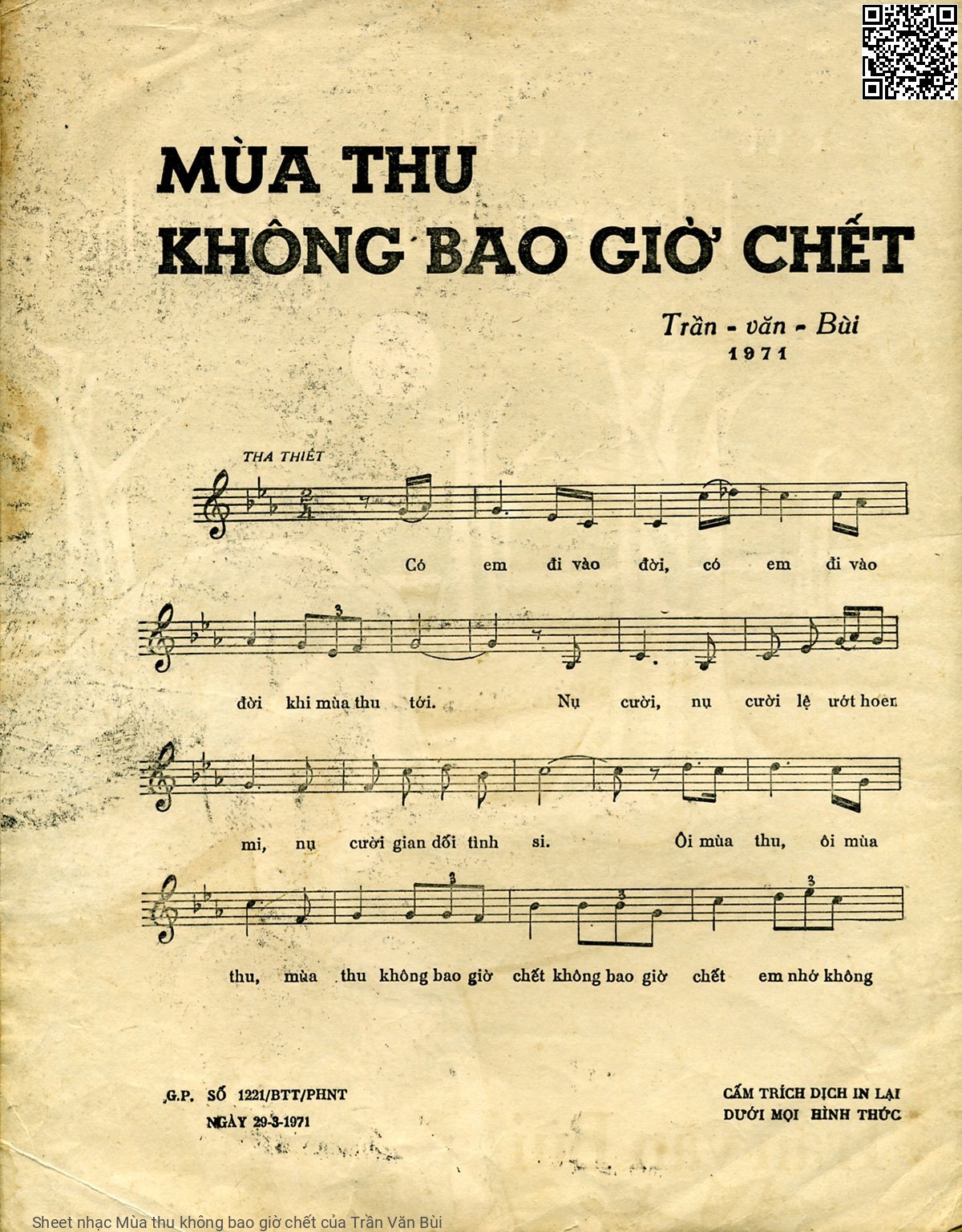 Trang 2 của Sheet nhạc PDF bài hát Mùa thu không bao giờ chết - Trần Văn Bùi, 1. Có  anh đi vào  đời. Có  anh đi vào  đời khi mùa thu  tới Nụ  cười, nụ cười lệ ướt hoen mi