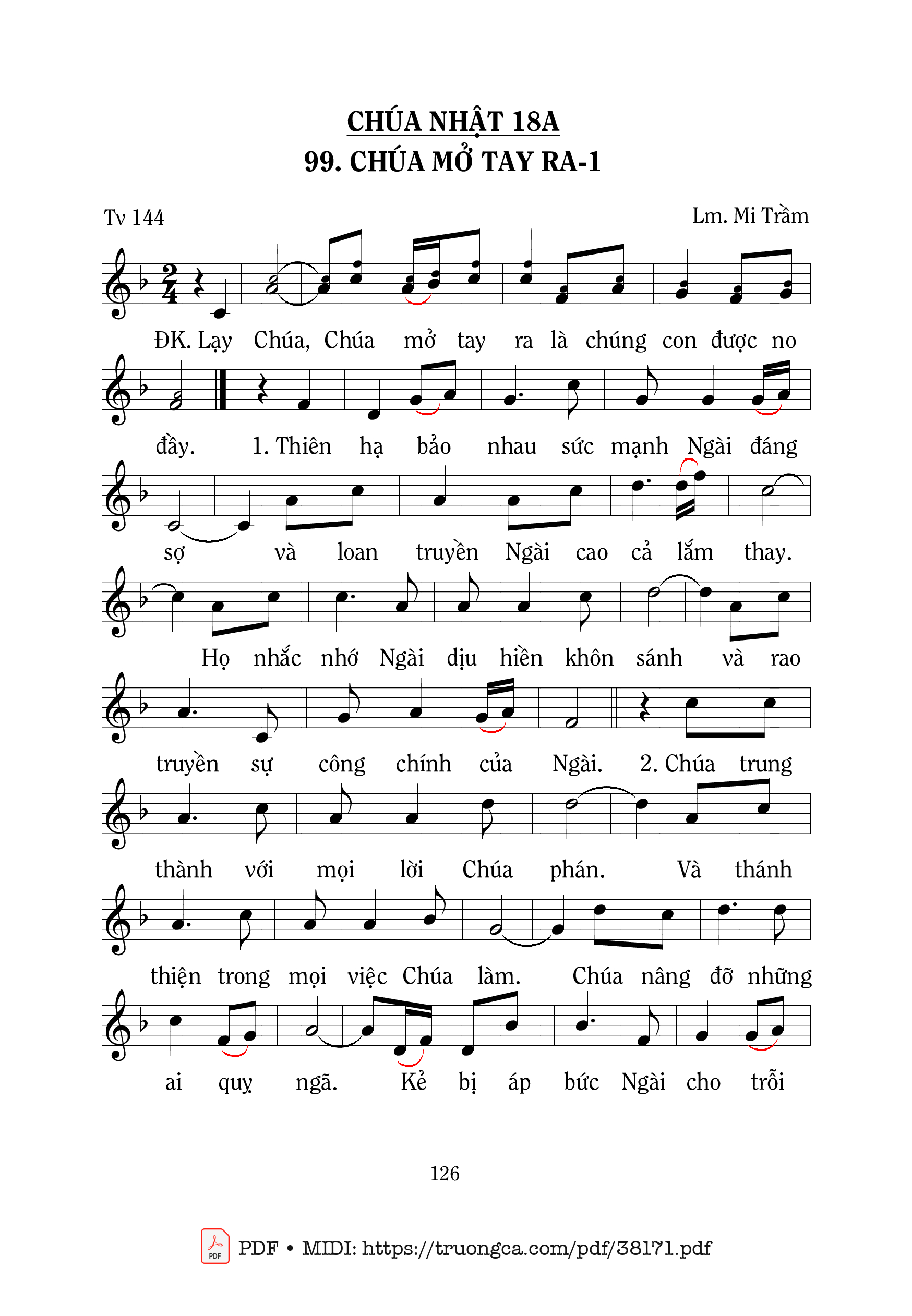 Trang 1 của Sheet nhạc PDF bài hát Thánh Vịnh 144, Chúa Mở Tay Ra 1 - Mi Trầm