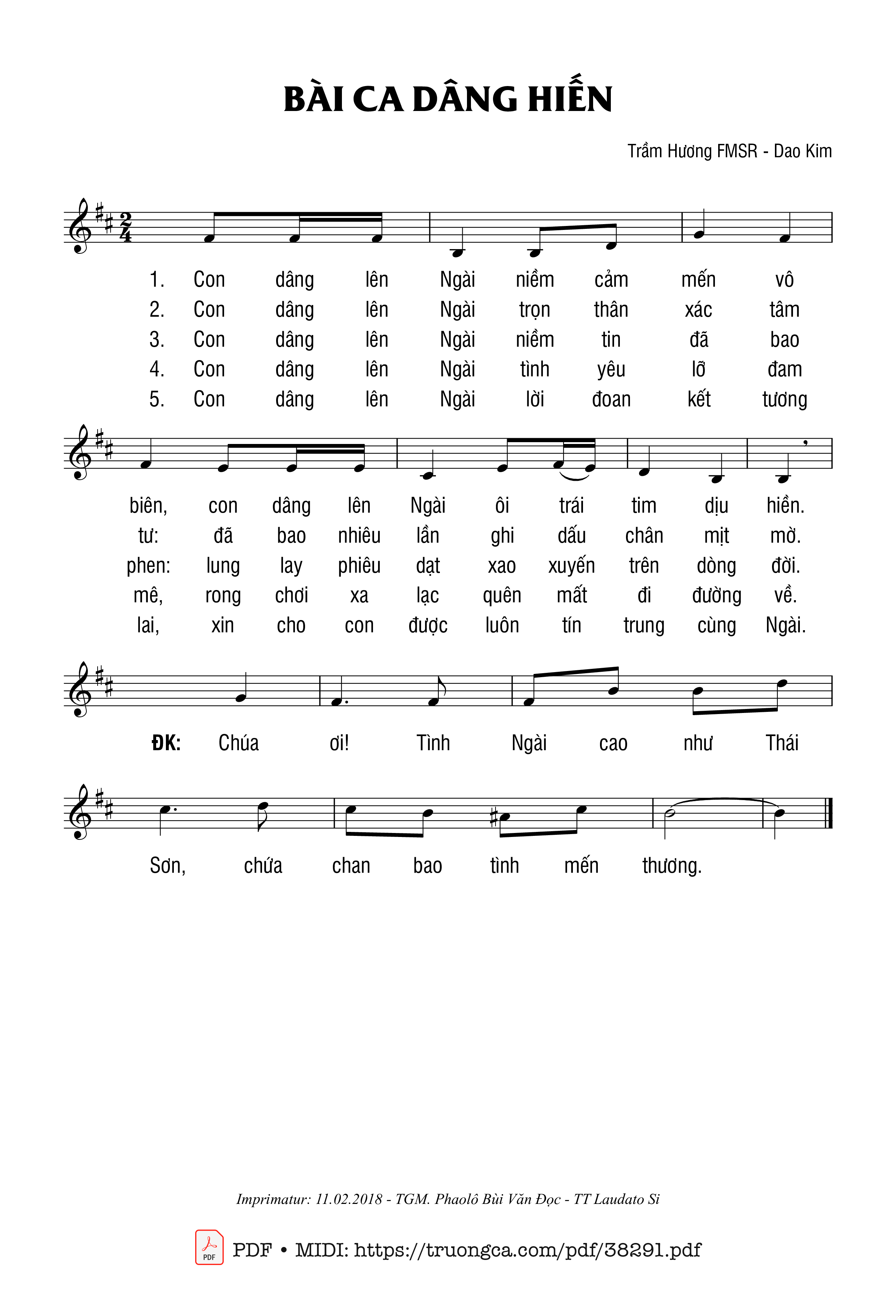 Trang 1 của Sheet nhạc PDF bài hát Bài Ca Dâng Hiến - Dao Kim &Amp; Trầm Hương