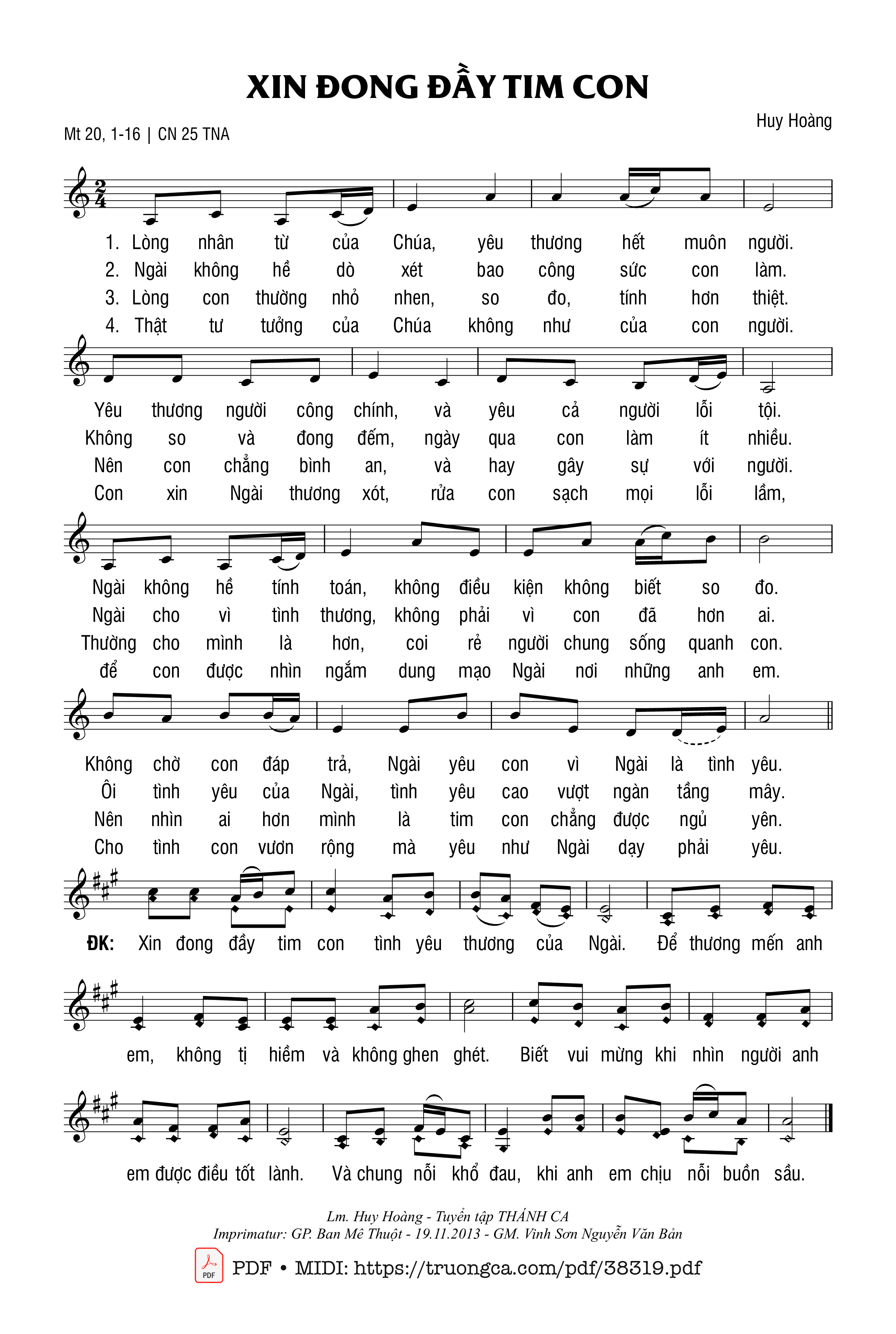 Trang 1 của Sheet nhạc PDF bài hát Xin Đong Đầy Tim Con - Huy Hoàng
