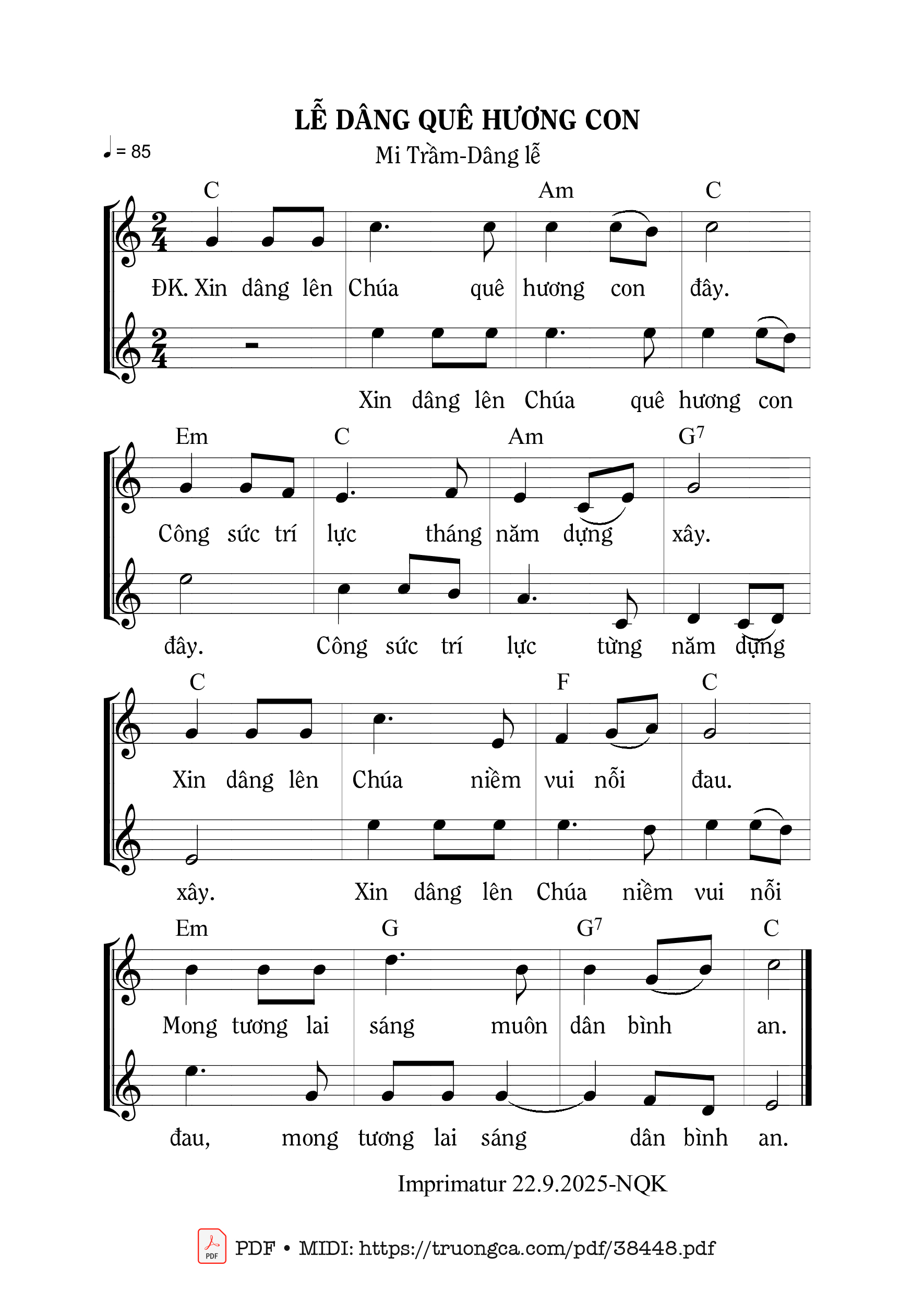 Trang 1 của Sheet nhạc PDF bài hát Lễ Dâng Quê Hương Con - Mi Trầm