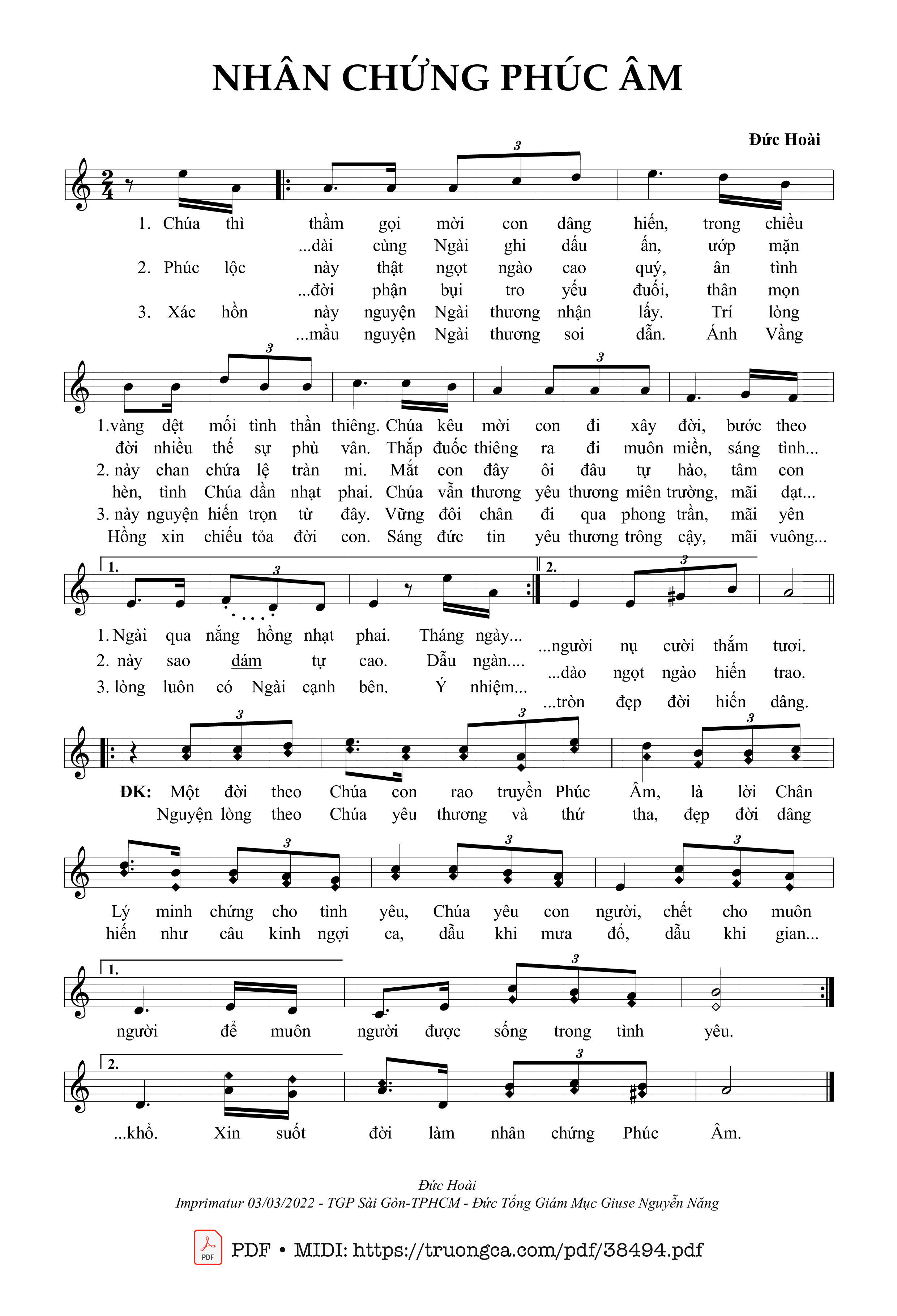 Trang 1 của Sheet nhạc PDF bài hát Nhân Chứng Phúc Âm - Đức Hoài
