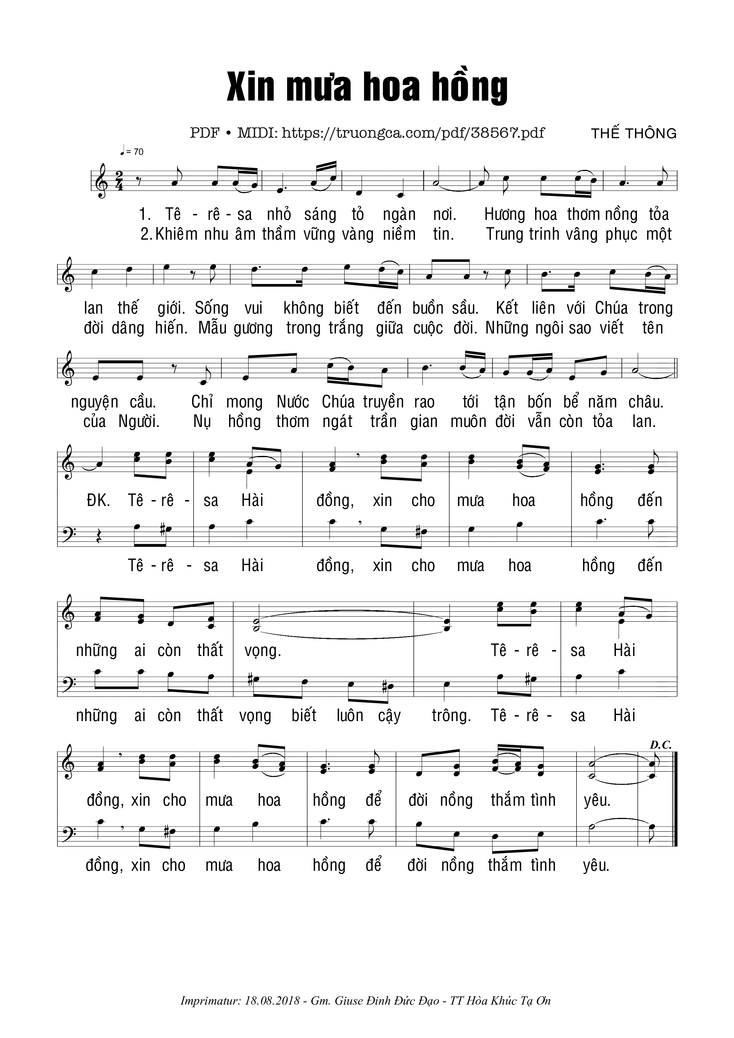 Trang 1 của Sheet nhạc PDF bài hát Xin Mưa Hoa Hồng - Thế Thông