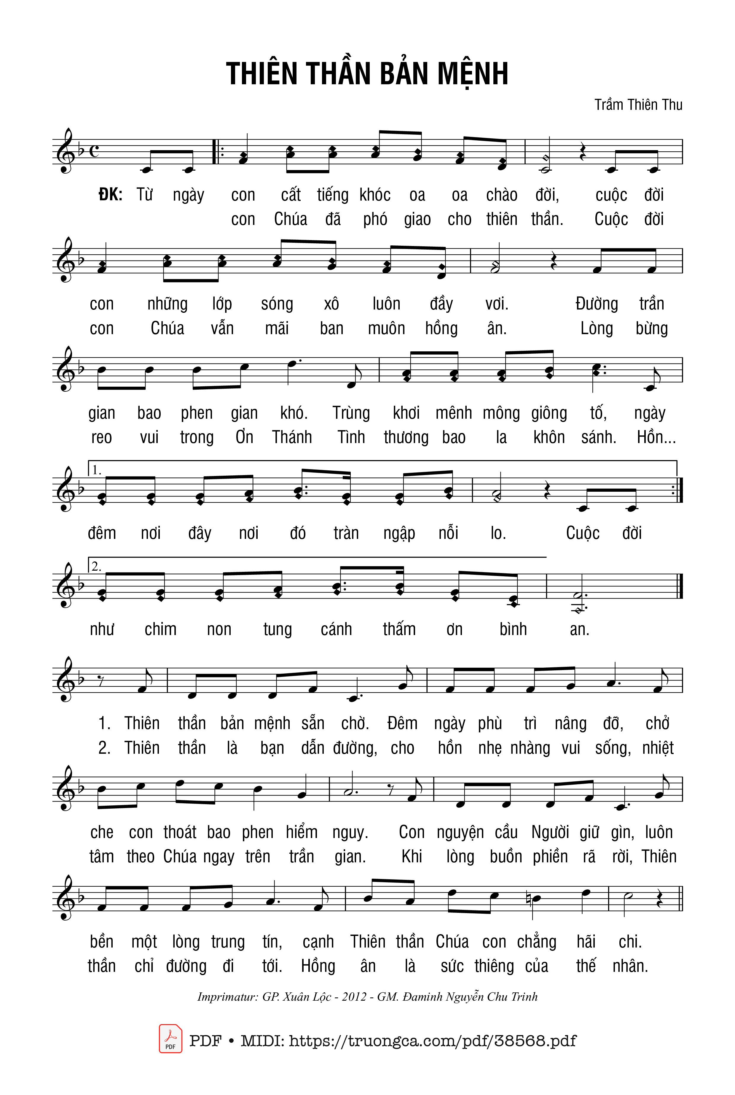 Trang 1 của Sheet nhạc PDF bài hát Thiên Thần Bản Mệnh - Trầm Thiên Thu