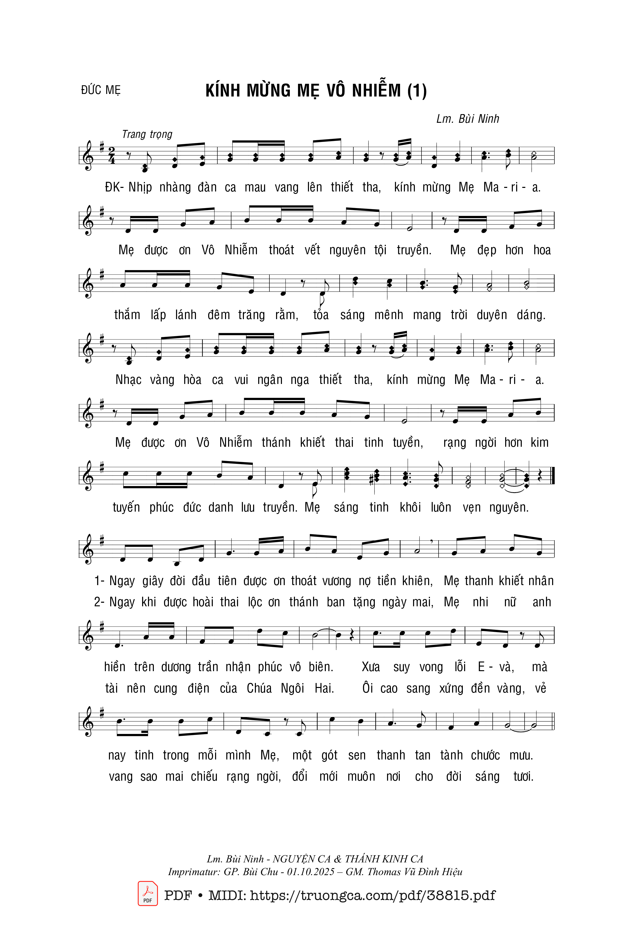 Trang 1 của Sheet nhạc PDF bài hát Kính Mừng Mẹ Vô Nhiễm - Bùi Ninh