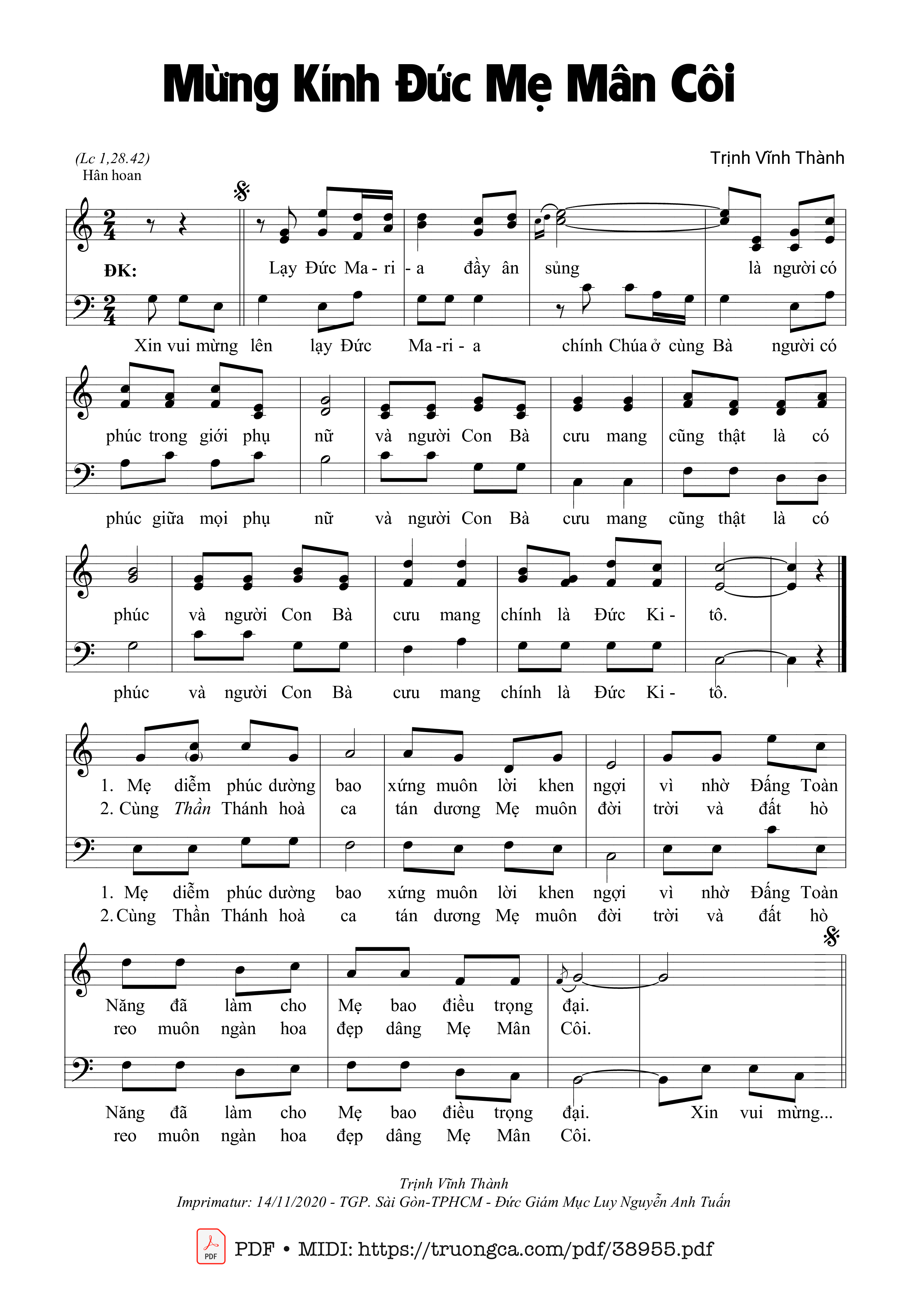 Trang 1 của Sheet nhạc PDF bài hát Mừng Kính Đức Mẹ Mân Côi - Trịnh Vĩnh Thành