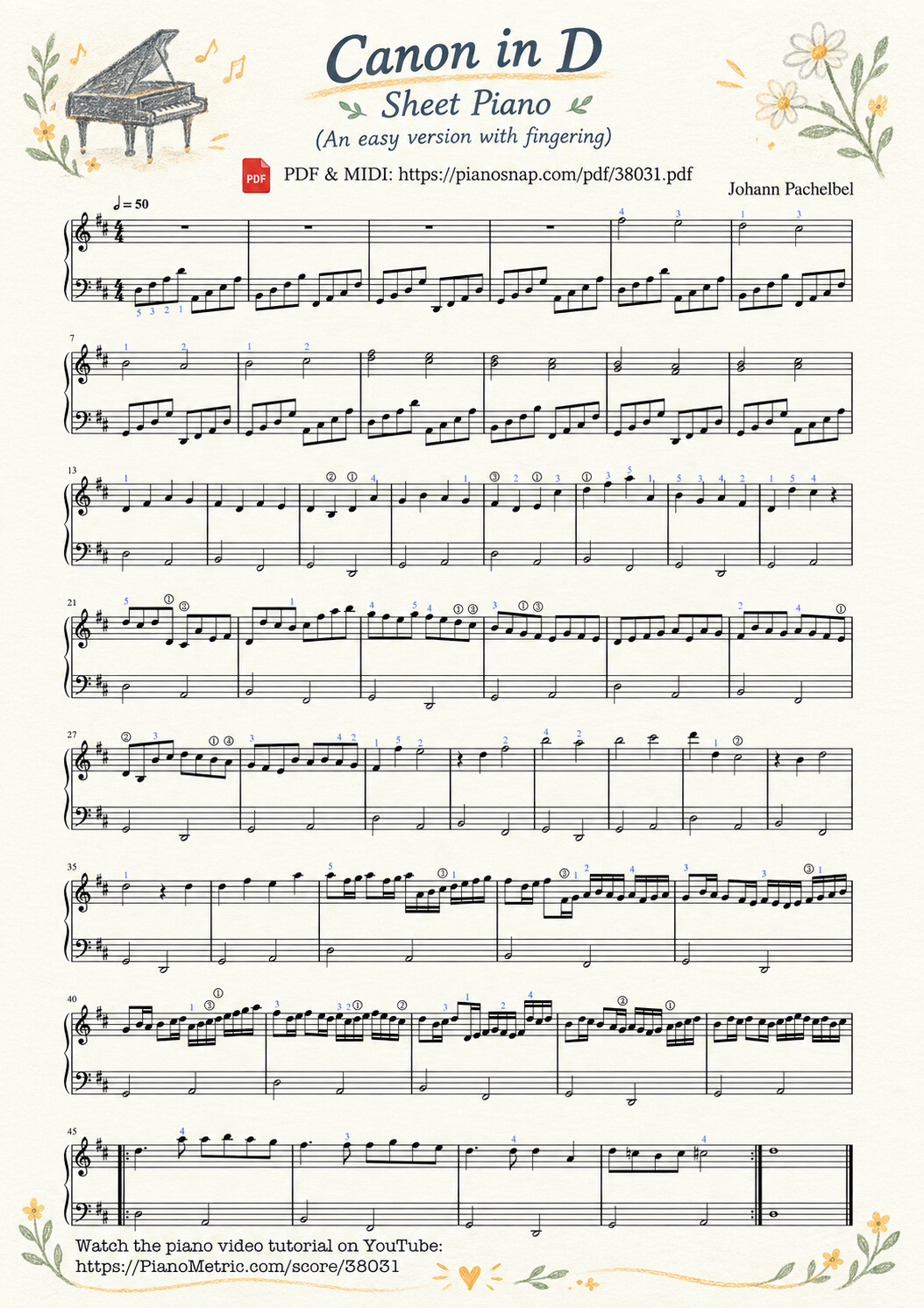 Trang 1 của Sheet nhạc PDF bài hát Canon in D Sheet Piano (Illustrated Score Art) - Johann Pachelbel