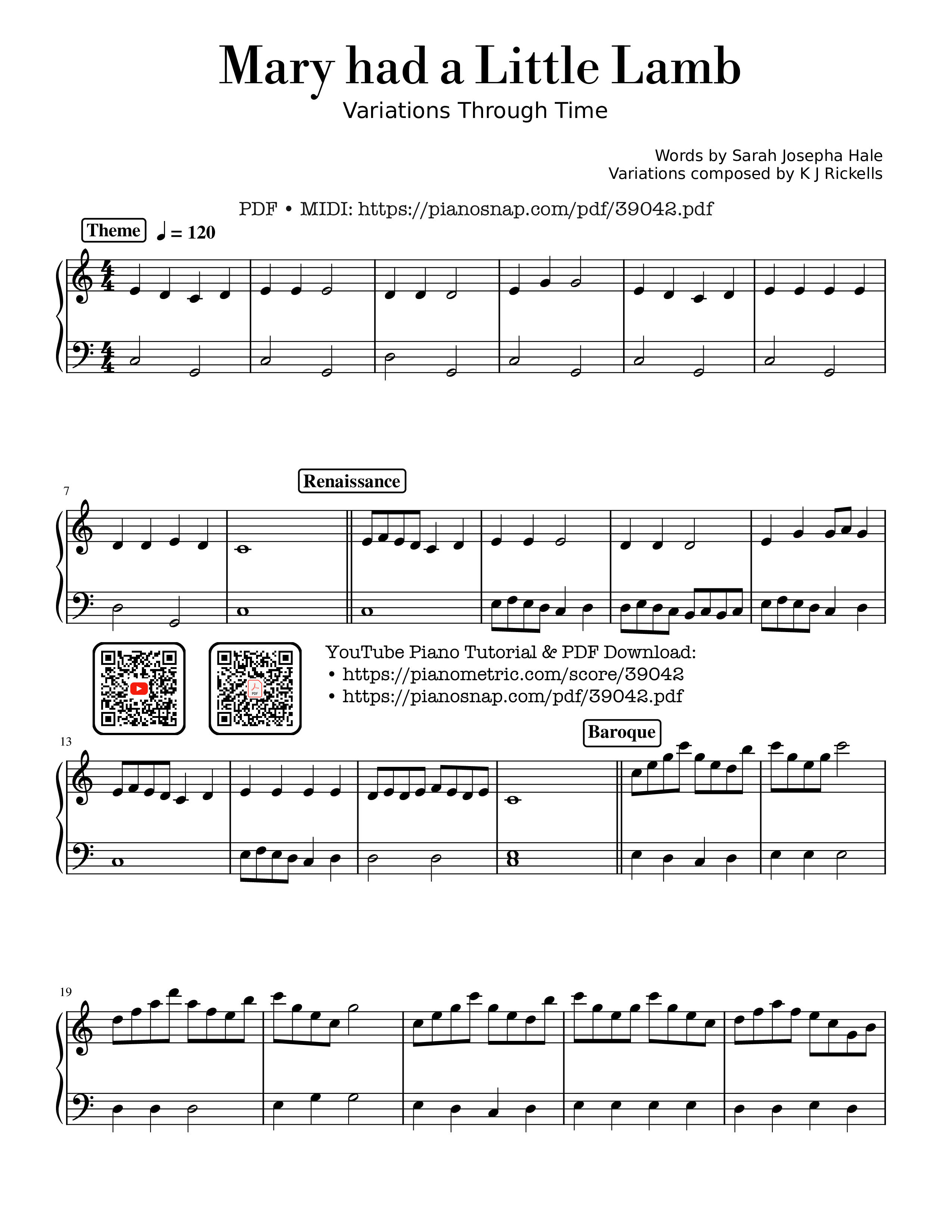 Trang 1 của Sheet nhạc PDF bài hát Mary had a Little Lamb - variations through time Piano - Words by Sarah Josepha Hale