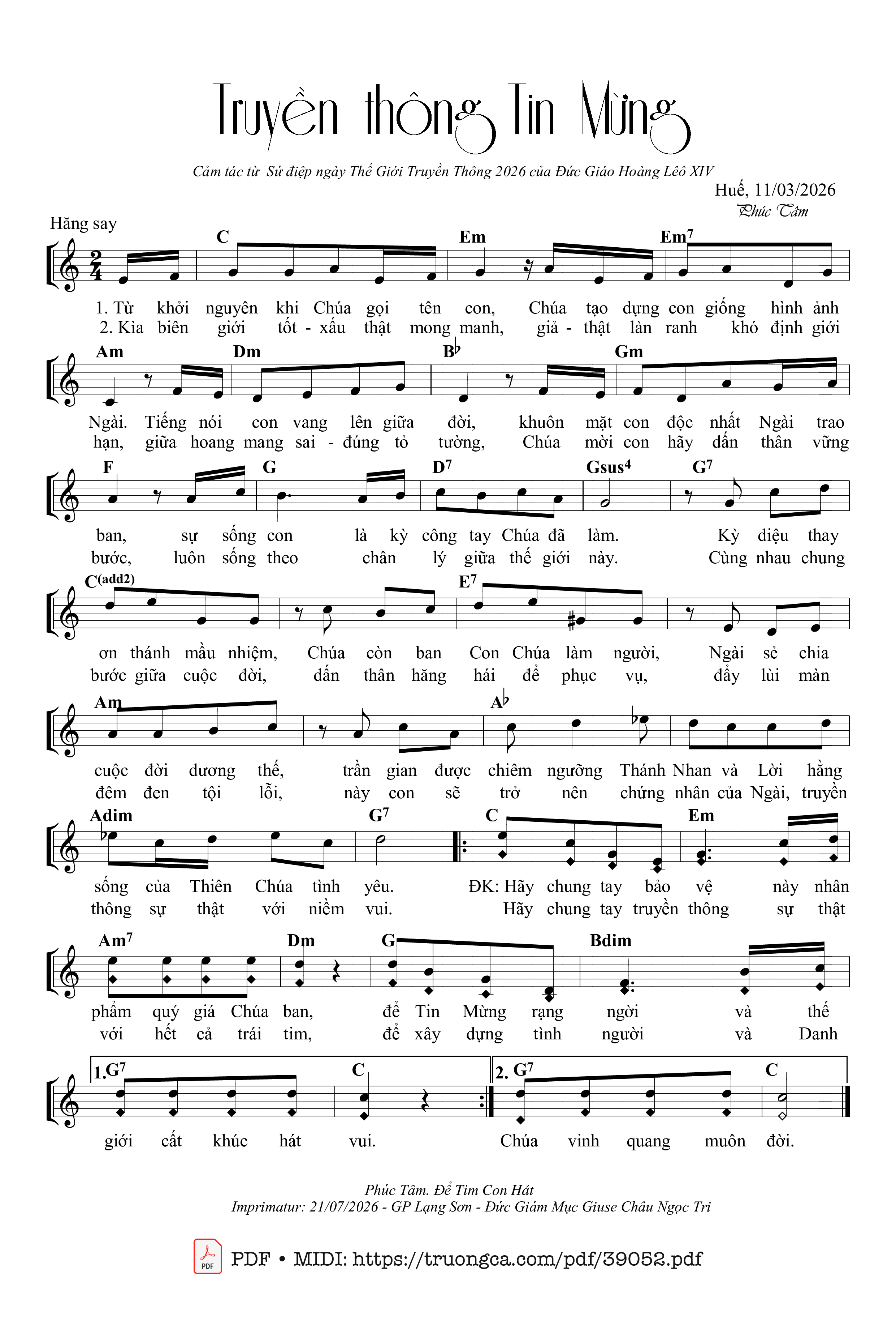 Trang 1 của Sheet nhạc PDF bài hát Truyền Thông Tin Mừng - Phúc Tâm