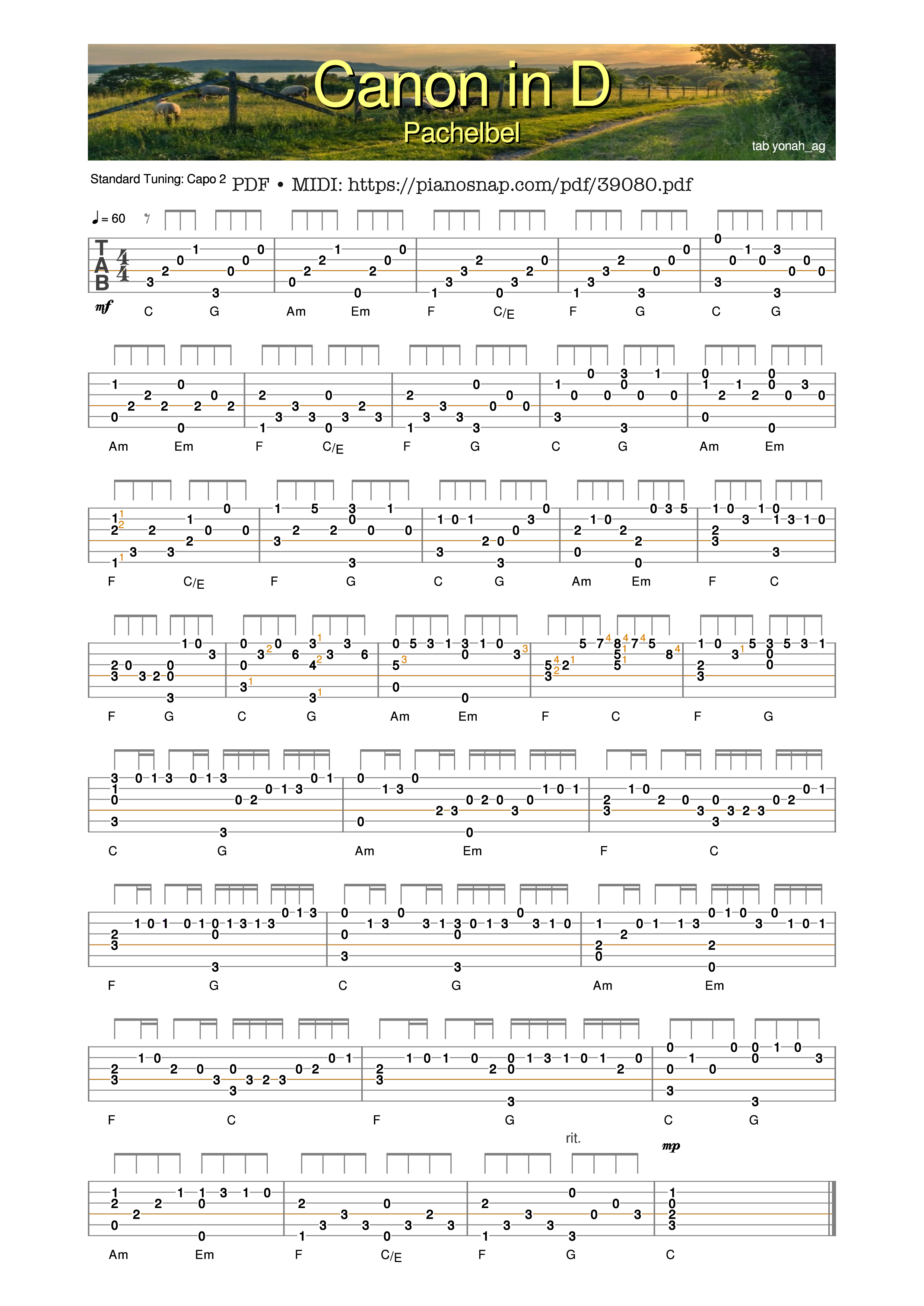 Trang 1 của Sheet nhạc PDF Guitar Tab bài hát Canon in D - Guitar Tab - Pachelbel
