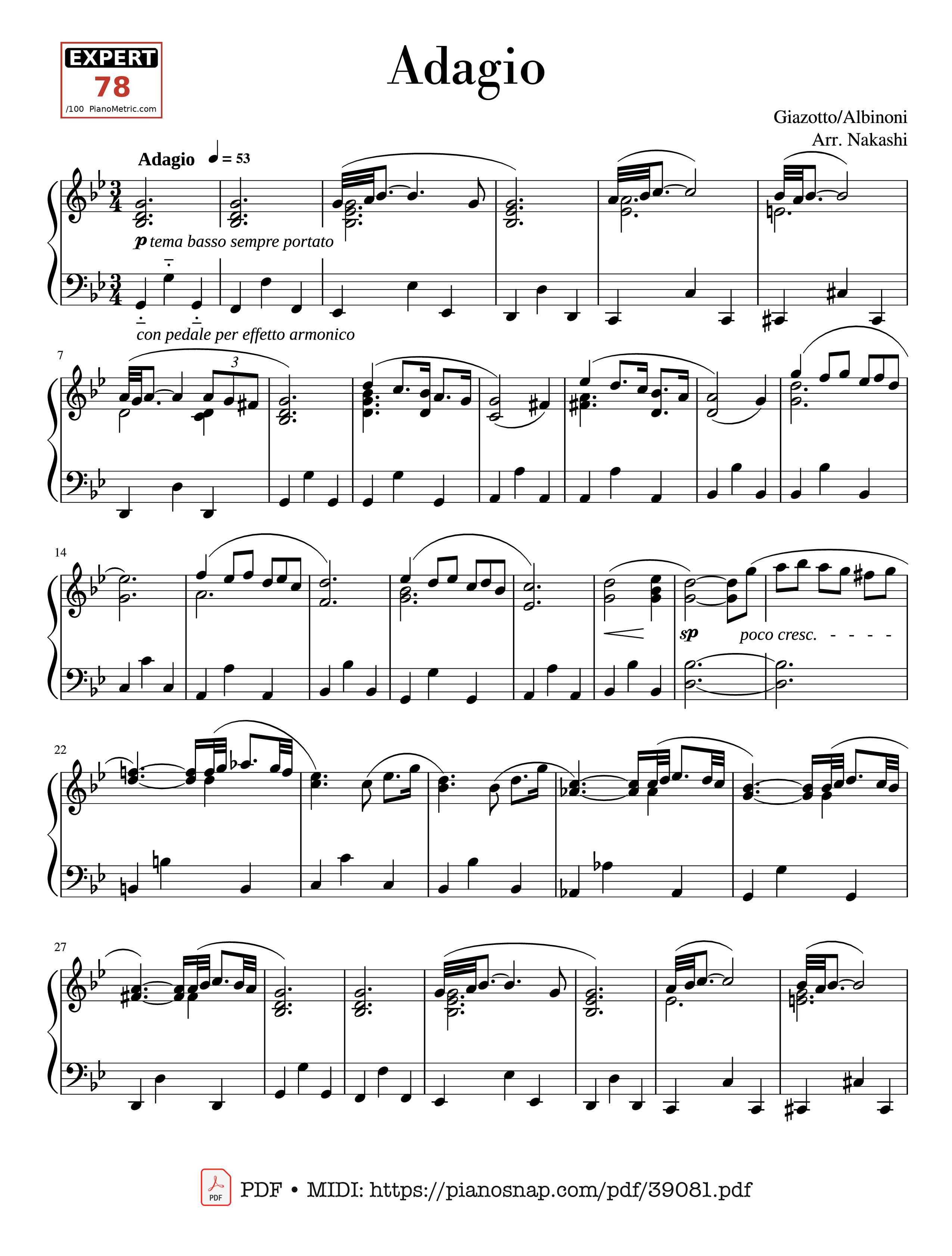 Trang 1 của Sheet nhạc PDF Piano bài hát Adagio Albinoni (in G minor) - For Solo Piano - Albinoni