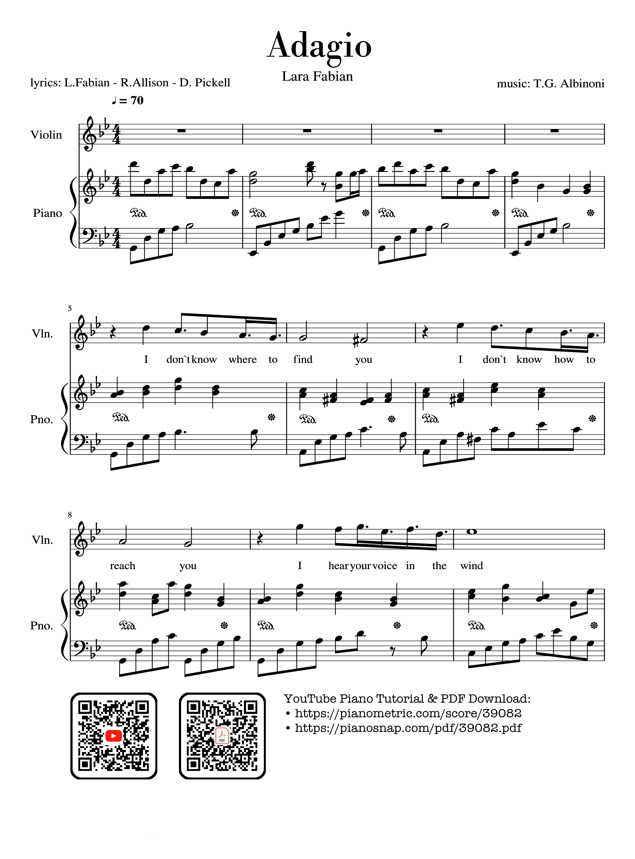 Trang 1 của Sheet nhạc PDF Piano bài hát Adagio (Lara Fabian) Violin & Piano - Albinoni