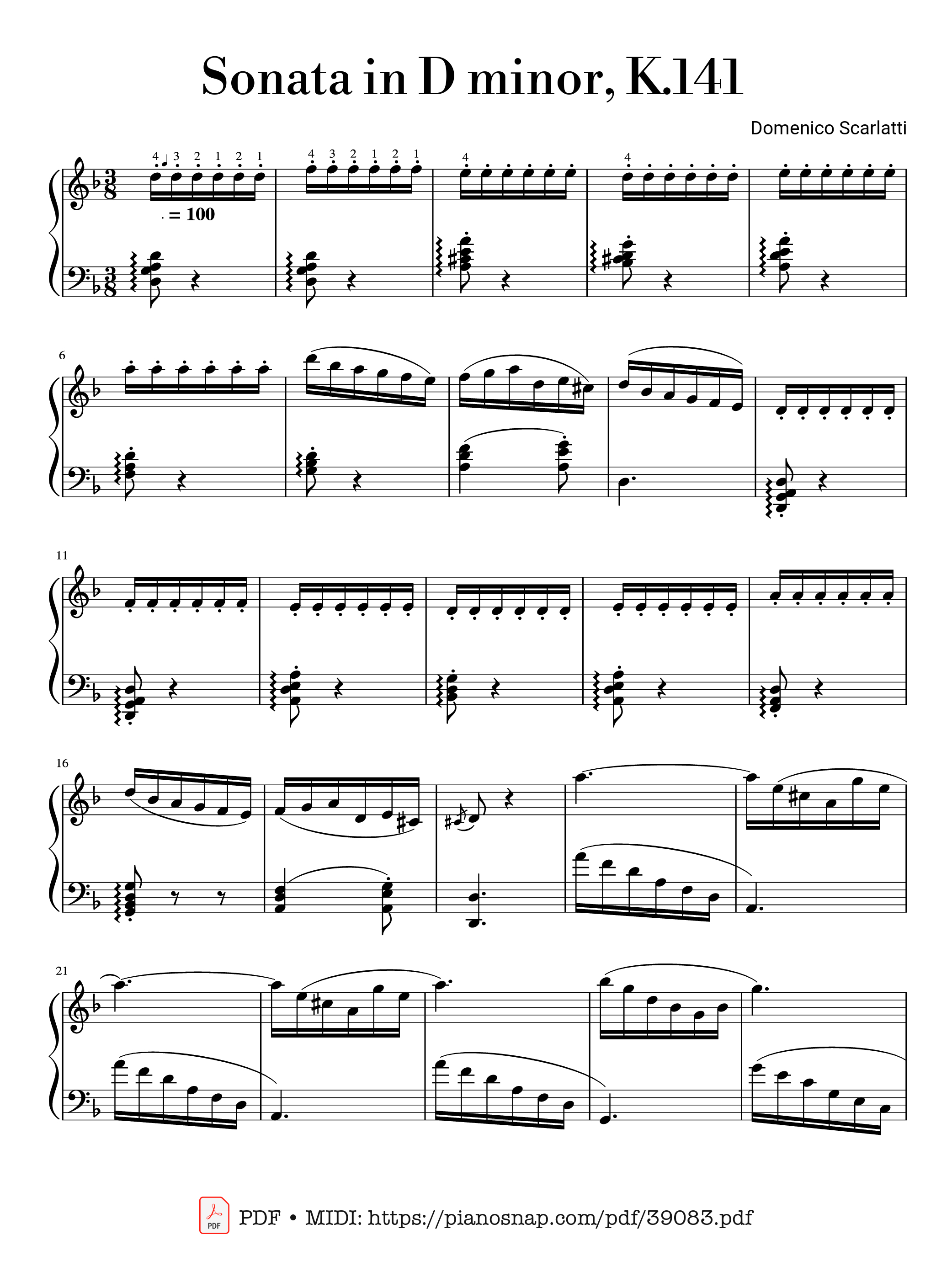 Trang 1 của Sheet nhạc PDF Piano bài hát Sonata in D minor, K.141, Domenico Scarlatti - Domenico Scarlatti