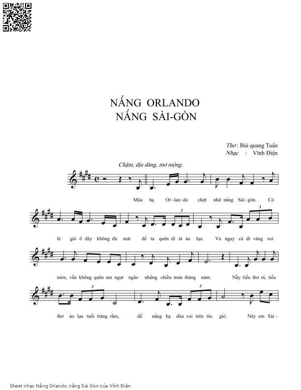 Trang 1 của Sheet nhạc PDF bài hát Nắng Orlando, nắng Sài Gòn - Vĩnh Điện, Mùa  hạ Orlando chợ  nhớ nắng Sài  Gòn. Có  lẽ gió ở  đây không đủ  mát để ta quên đi tà áo  lụa