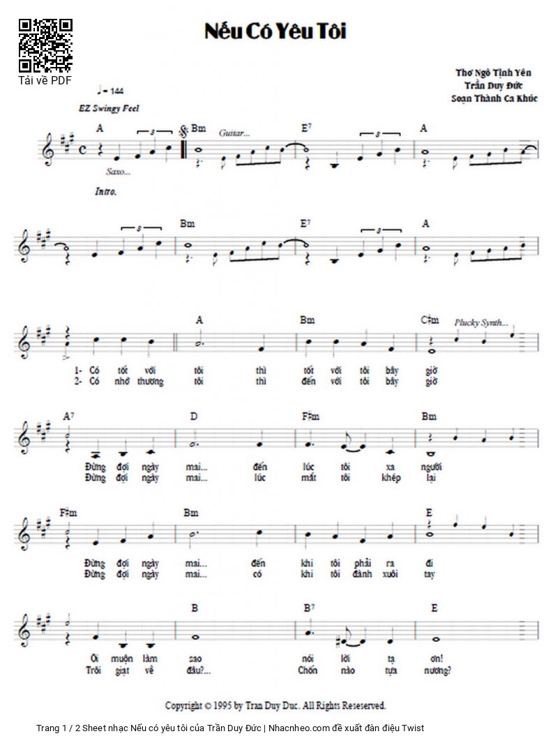 Trang 1 của Sheet nhạc PDF bài hát Nếu có yêu tôi - Trần Duy Đức