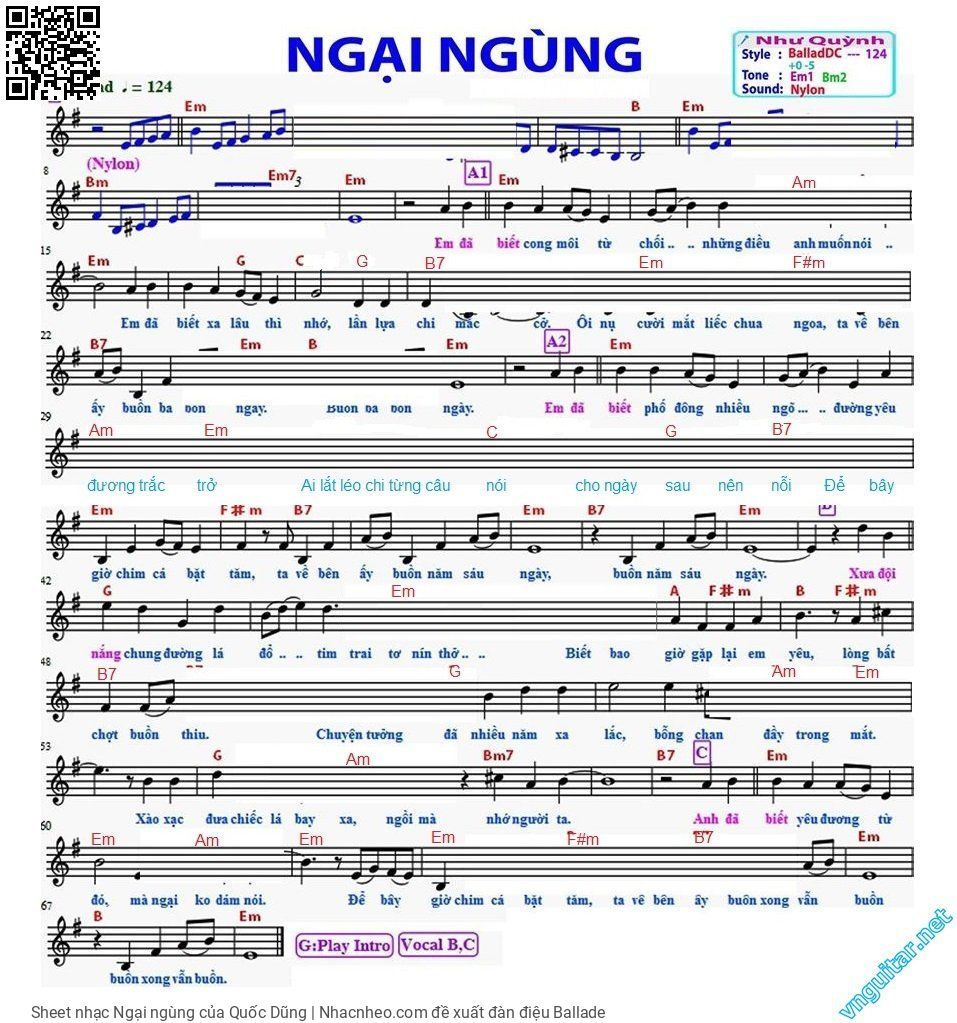 Trang 1 của Sheet nhạc PDF bài hát Ngại ngùng - Quốc Dũng, Intro:  –.  1. Em đã  biết cong môi từ chối những điều  anh muốn nói