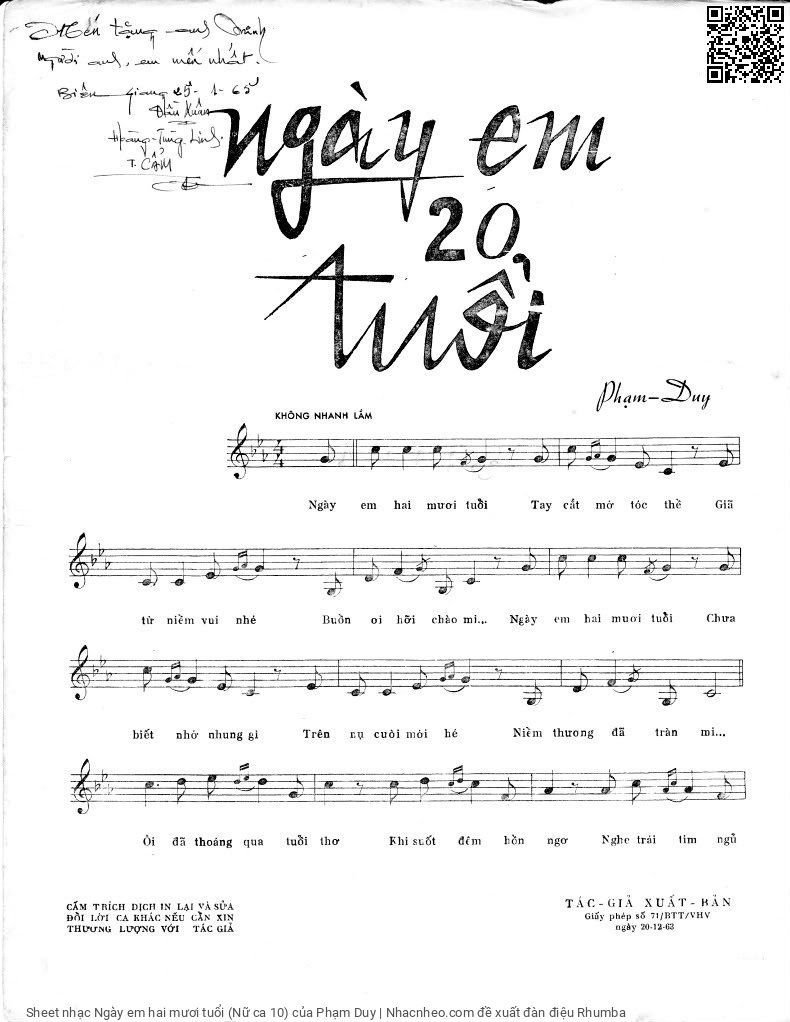 Trang 2 của Sheet nhạc PDF bài hát Ngày em hai mươi tuổi (Nữ ca 10) - Phạm Duy, 1. Ngày em hai mươi  tuổi tay cắt mái tóc  thề. Giã từ niềm vui  nhé buồn ơi, hãy chào  mi