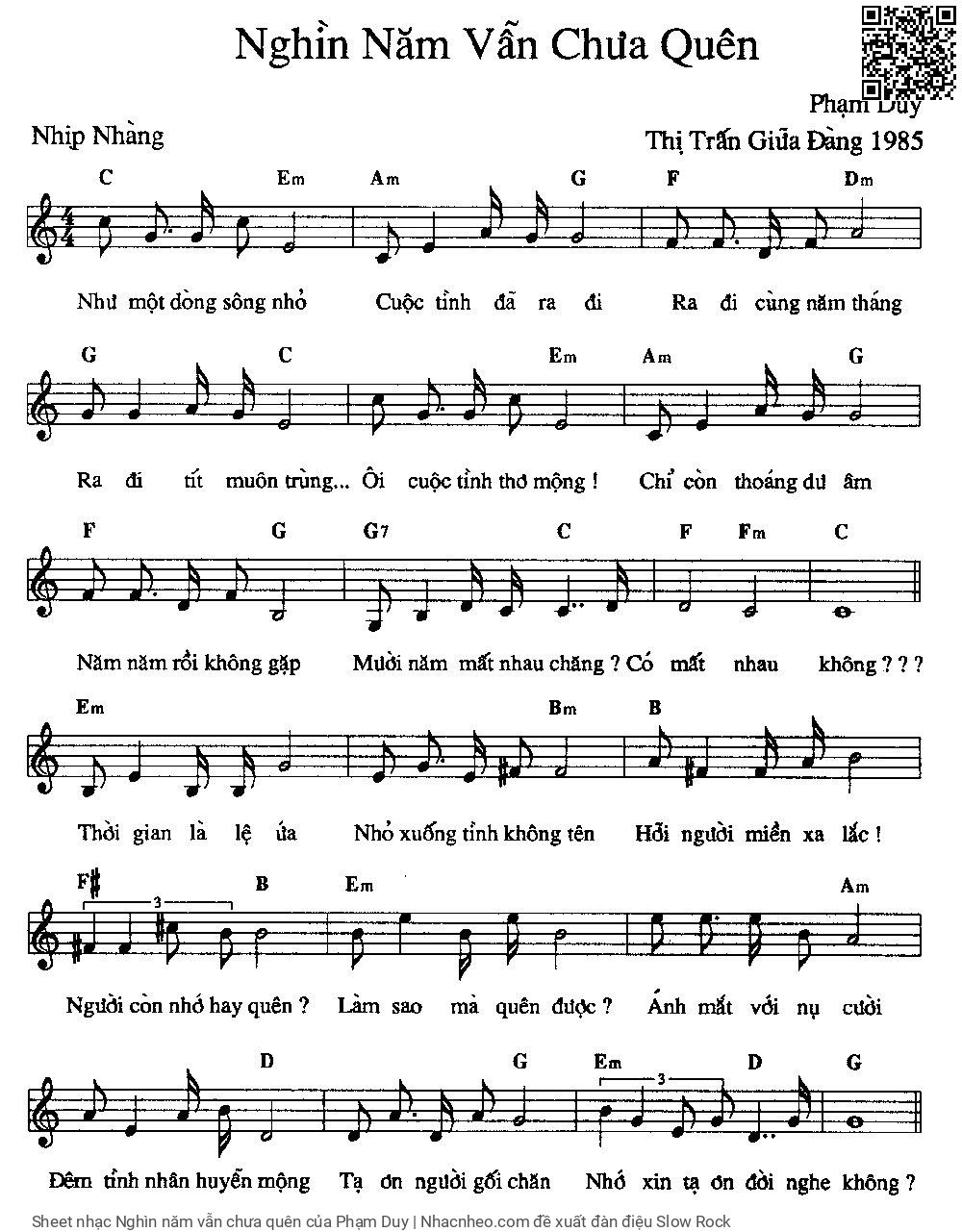 Trang 1 của Sheet nhạc PDF bài hát Nghìn năm vẫn chưa quên - Phạm Duy, 1.  Như một dòng sông  nhỏ,  cuộc tình đã ra  đi. Ra đi cùng năm  tháng,  ra đi tít muôn  trùng