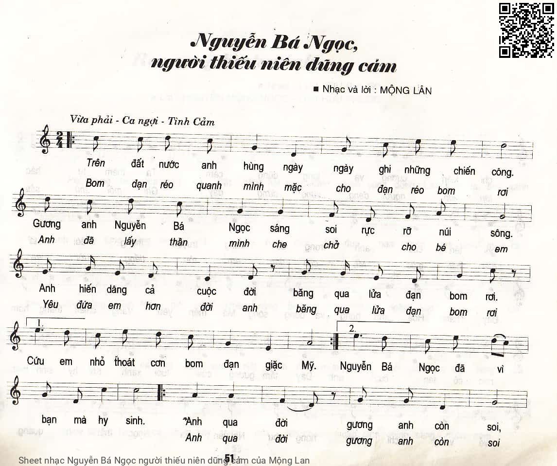 Trang 1 của Sheet nhạc PDF bài hát Nguyễn Bá Ngọc người thiếu niên dũng cảm - Mộng Lan, 1.  Trên đất nước anh  hùng ngày  ngày thêm những chiến công