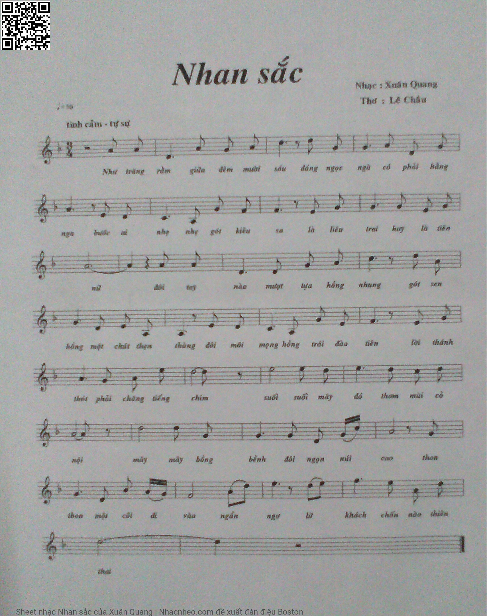 Trang 1 của Sheet nhạc PDF bài hát Nhan sắc - Xuân Quang, 1. Như trăng  rằm giữa đêm mười  sáu. Dáng ngọc  ngà có phải hằng  nga Bước ai  nhẹ nhẹ gót kiêu  sa