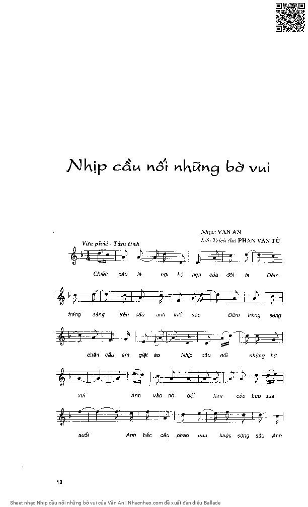 Trang 1 của Sheet nhạc PDF bài hát Nhịp cầu nối những bờ vui - Văn An, Chiếc  cầu là nơi hò  hẹn của đôi  ta. Đêm trăng  sáng trên  cầu anh thổi sáo