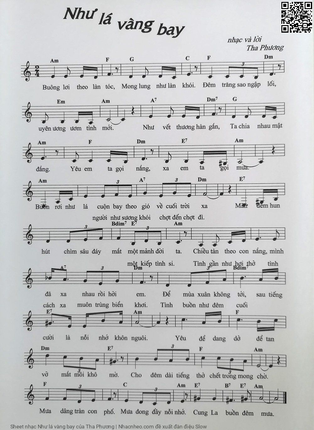 Trang 1 của Sheet nhạc PDF bài hát Như lá vàng bay - Tha Phương, 1.  Buông lơi theo làn  tóc. Mông lung như làn  khói Đêm trăng sao ngập  lối