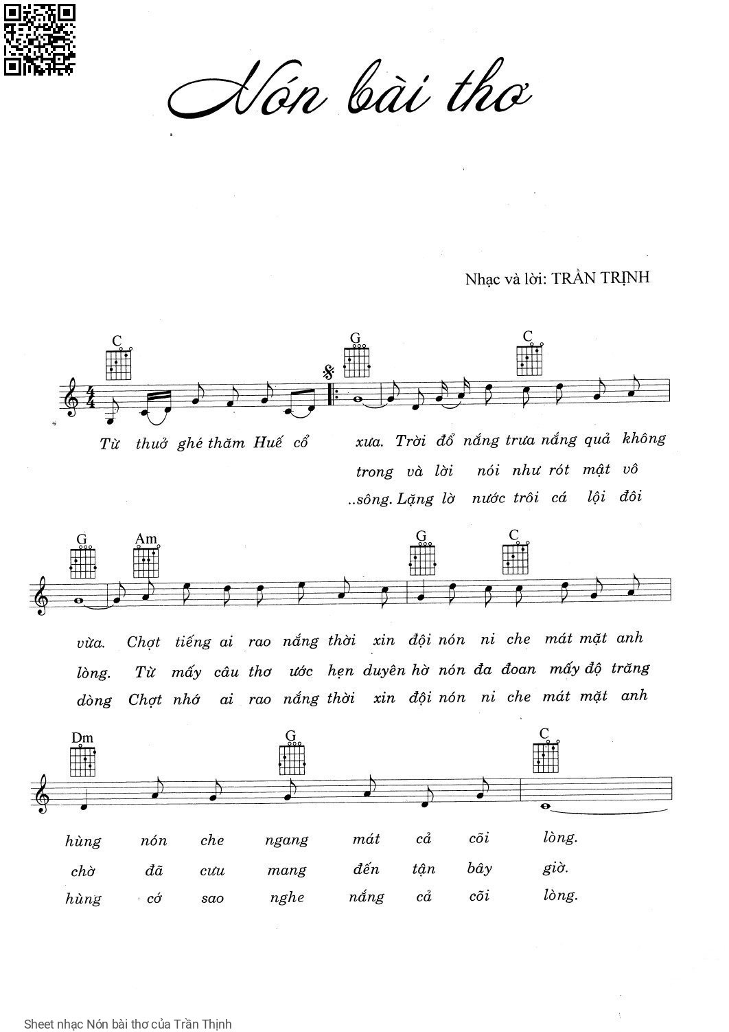 Trang 1 của Sheet nhạc PDF bài hát Nón bài thơ - Trần Thịnh, 1. Từ thưở ghé thăm Huế cổ  xưa. Trời đổ nắng  trưa nắng qua khung  cửa Chợt tiếng ai  rao nắng thời sim  đồi