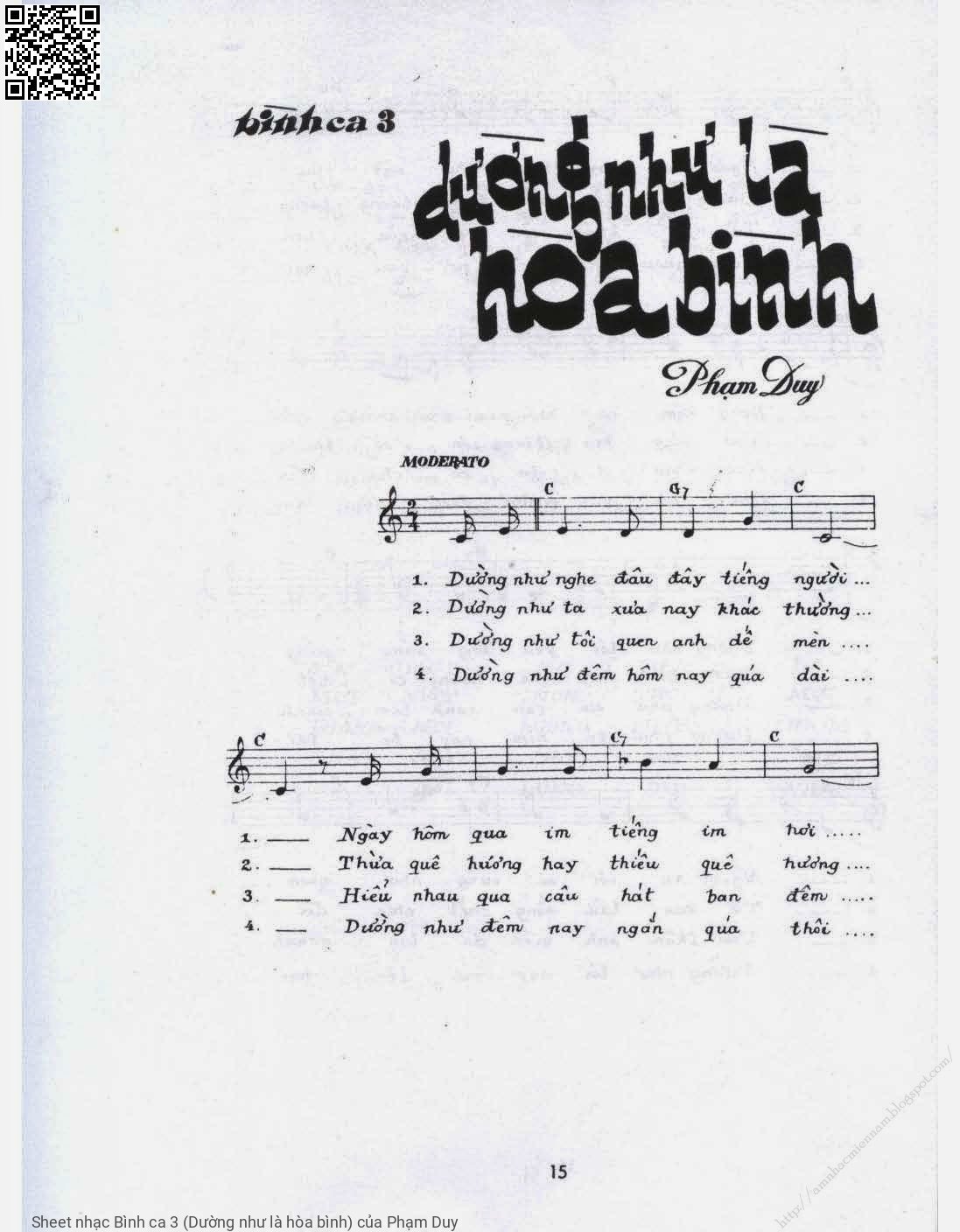 Trang 1 của Sheet nhạc PDF bài hát Bình ca 3 (Dường như là hòa bình) - Phạm Duy, 1. Dường như  nghe đâu  đây tiếng  người. Ngày hôm qua im  tiếng im  hơi Người xưa  nay thường che mặt  lại