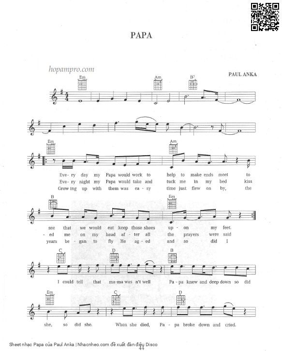 Trang 1 của Sheet nhạc PDF bài hát Papa - Paul Anka, 1.  Nhớ những năm xa xưa ngày tôi bé  dại có cha mẹ yêu. Nhớ  đến năm xưa còn bé đêm đêm  về cha hôn trán con