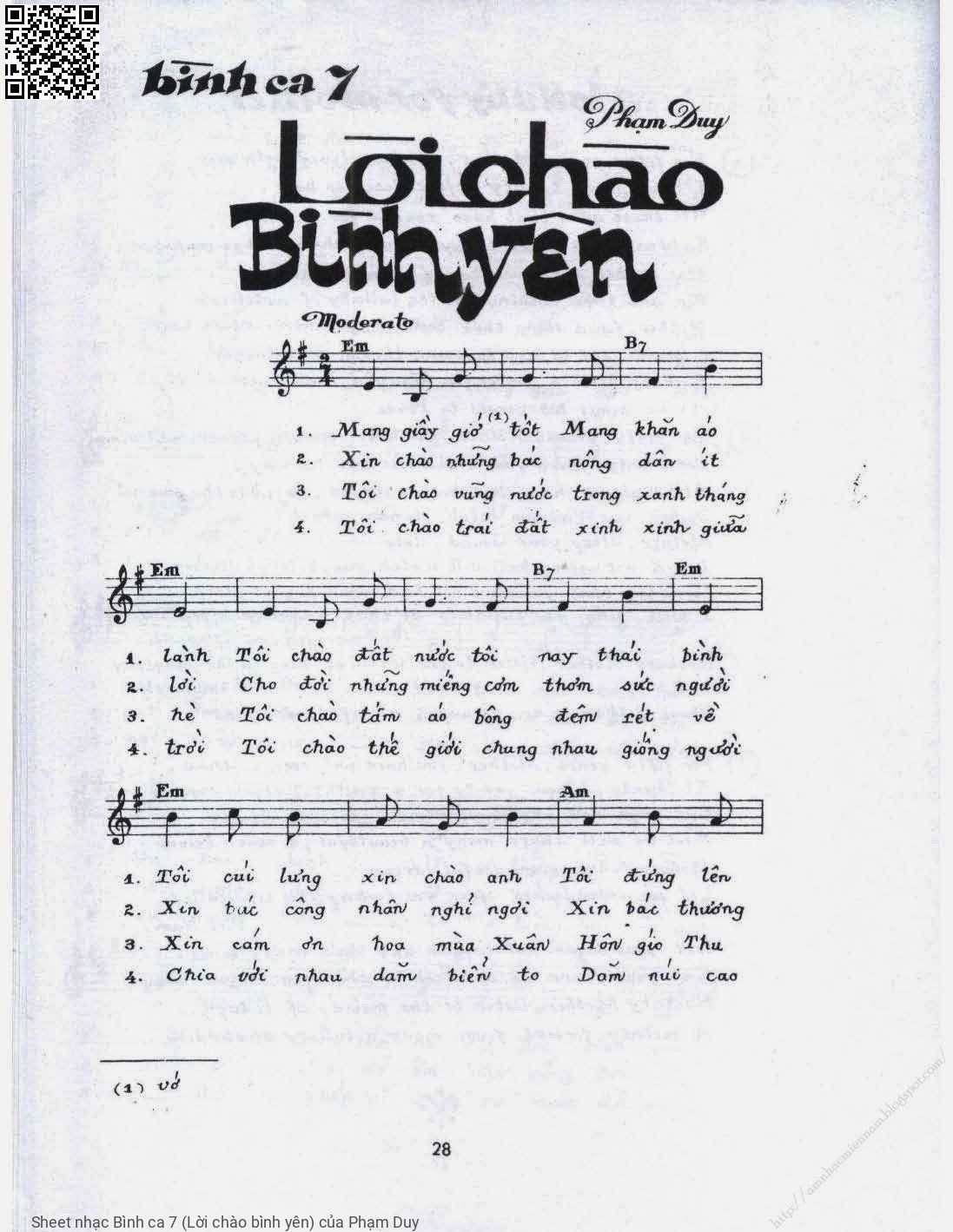 Trang 1 của Sheet nhạc PDF bài hát Bình ca 7 (Lời chào bình yên) - Phạm Duy, 1.  Mang giầy giớ tốt, mang  khăn áo  lành. Tôi chào đất nước tôi  nay thái  bình