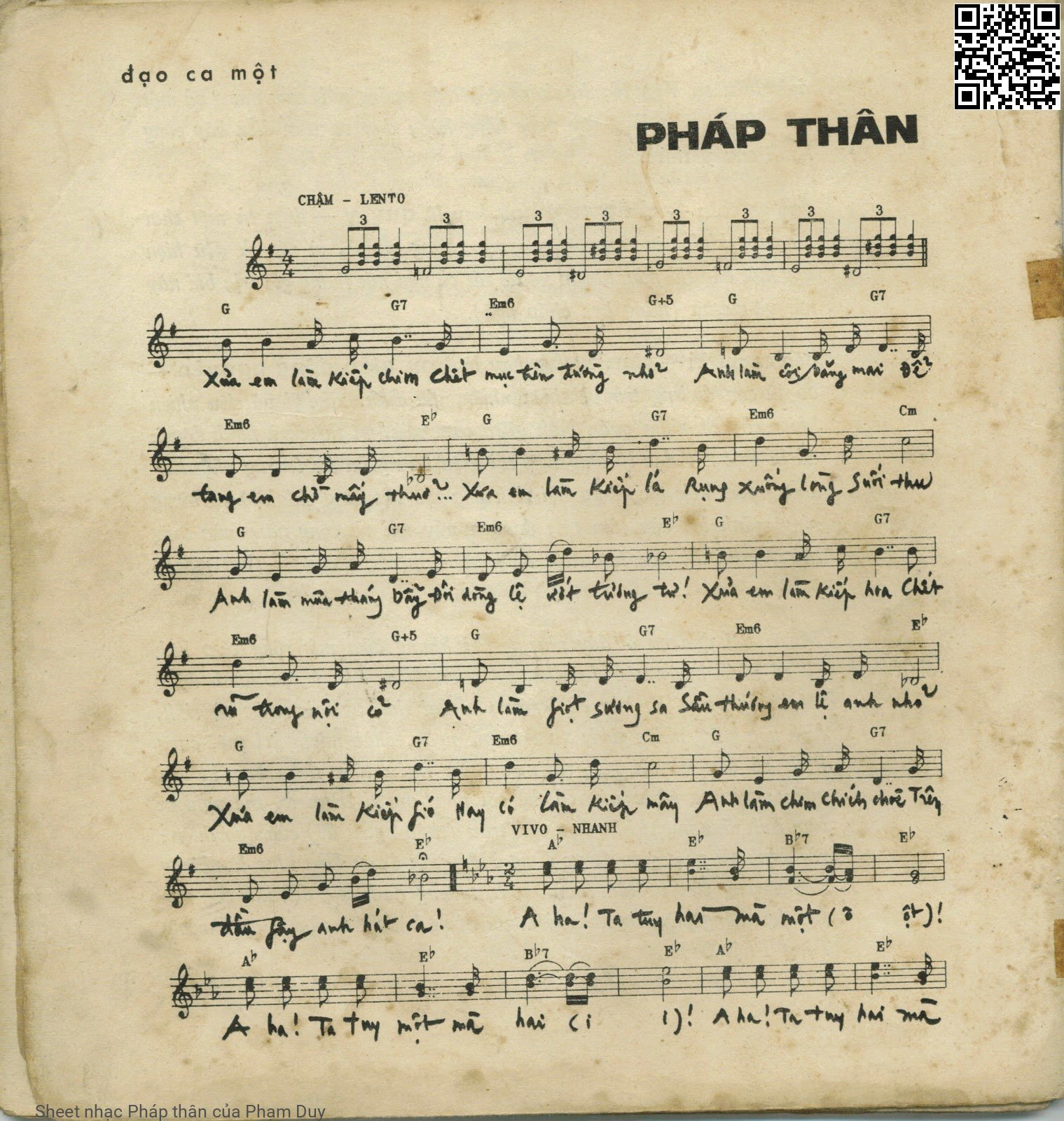 Trang 1 của Sheet nhạc PDF bài hát Pháp thân - Phạm Duy, 1.  Xưa em làm kiếp  chim, chết  mục trên đường  nhỏ. Anh làm cội băng  mai để  tang em chờ mấy  thưở