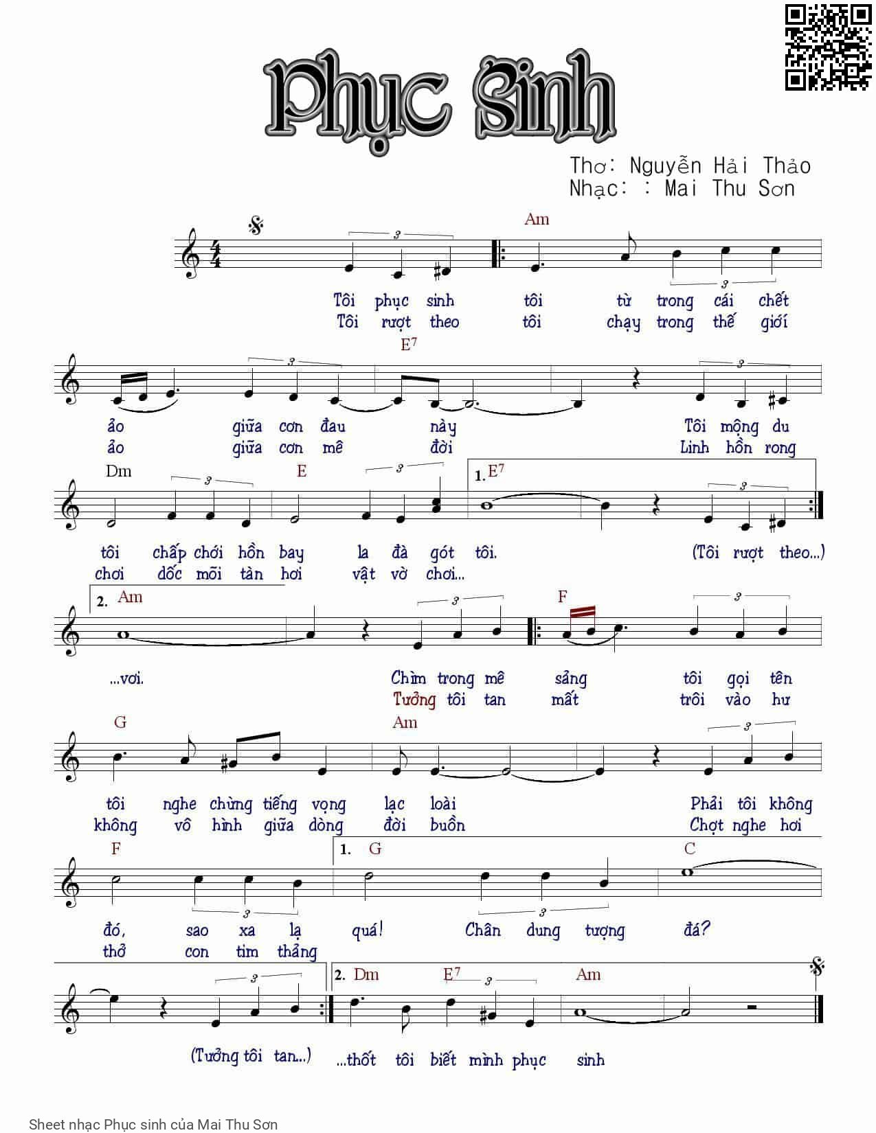 Trang 1 của Sheet nhạc PDF bài hát Phục sinh - Mai Thu Sơn, Tôi phục sinh  tôi từ trong cái chết ảo giữa cơn đau  dài. Tôi mộng du  tôi chấp chới hồn  bay là đà gót tôi