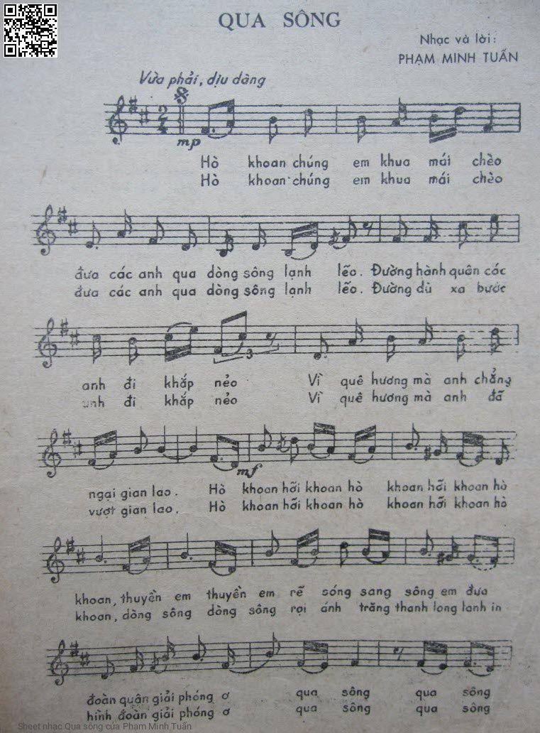 Trang 1 của Sheet nhạc PDF bài hát Qua sông - Phạm Minh Tuấn, 1.  Hò khoan, chúng em khua mái chèo. Đưa các anh qua  dòng sông lạnh lẽo Đường hành quân các anh đi khắp nẻo