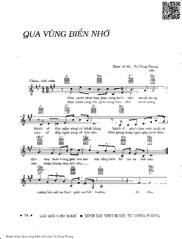 Trang 1 của Sheet nhạc PDF bài hát Qua vùng biển nhớ - Từ Công Phụng, Như cánh chim  bay giữa vùng biển  nhớ mênh  mông. Người về đây  nghe sóng vỗ bềnh  bồng