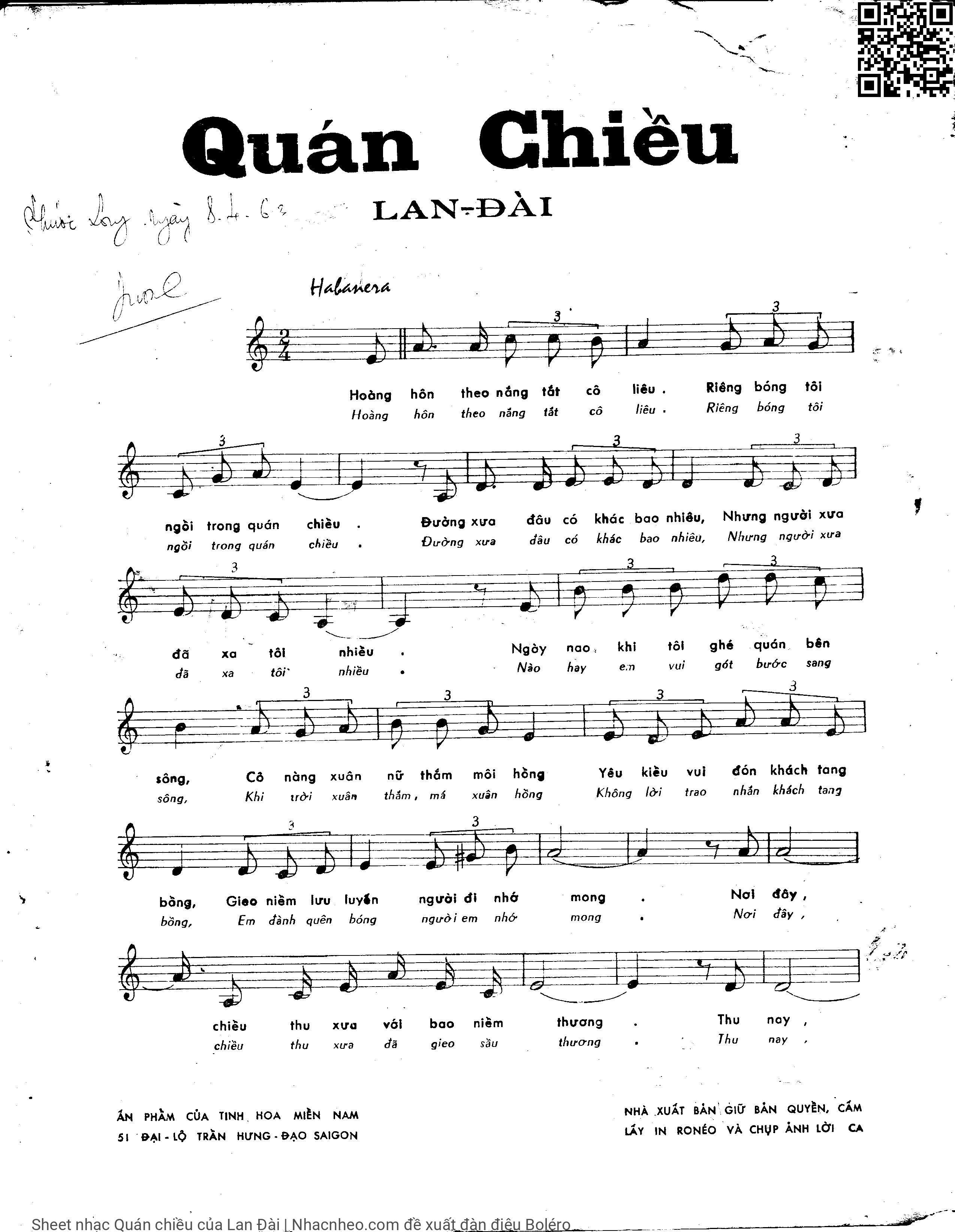 Sheet nhạc Quán chiều - Lan Đài