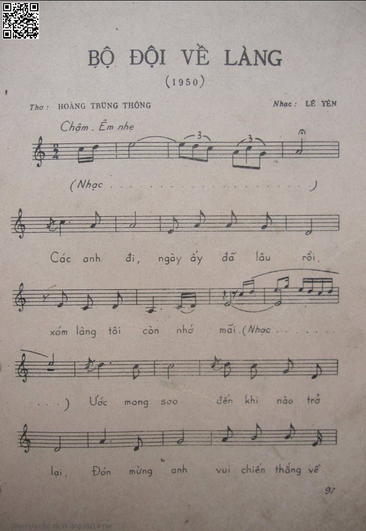 Trang 1 của Sheet nhạc PDF bài hát Bộ đội về làng - Lê Yên, Các anh đi  ngày ấy đã lâu  rồi. Xóm làng tôi  còn nhớ  mãi Ước mong  sao  đến khi nào trở  lại