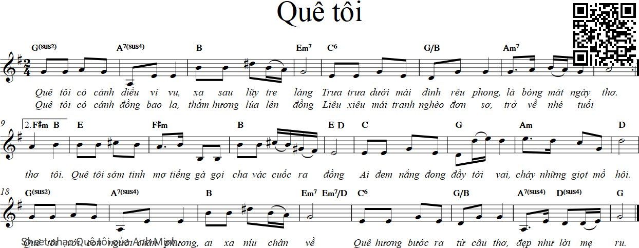 Trang 1 của Sheet nhạc PDF bài hát Quê tôi - Anh Minh, 1.  Quê tôi có cánh  diều vi vu,  xa sau luỹ tre  làng. Trưa trưa dưới mái  đình rêu phong  là bóng mát ngày  thơ