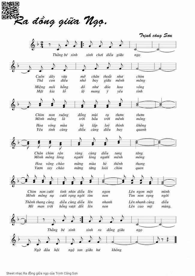 Trang 1 của Sheet nhạc PDF bài hát Ra đồng giữa ngọ - Trịnh Công Sơn, 1.  Thằng bé xinh xinh chơi diều giữa  ngọ