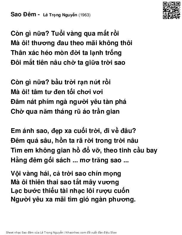 Trang 1 của Sheet nhạc PDF bài hát Sao đêm - Lê Trọng Nguyễn, 1. Còn gì  nữa? Tuổi vàng qua mất rồi. Mà  ôi thương đau theo  mãi không  thôi Thân  xác héo  mòn đời ta lạnh  trống