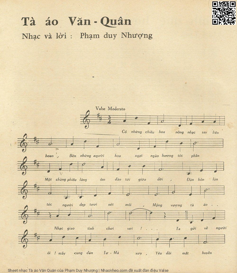 Trang 1 của Sheet nhạc PDF bài hát Tà áo Văn Quân - Phạm Duy Nhượng, Có những chiều hoa, nồng nhạt say liên hoan. Bên những người hoa, ngạt ngào hương tóc  phấn