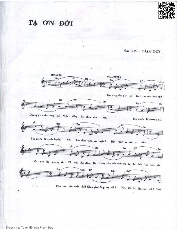 Trang 1 của Sheet nhạc PDF bài hát Tạ ơn đời - Phạm Duy, 1.  Tim vang còn giây lát. Hơi run còn thơm  ngát Dương gian còn trong  mắt