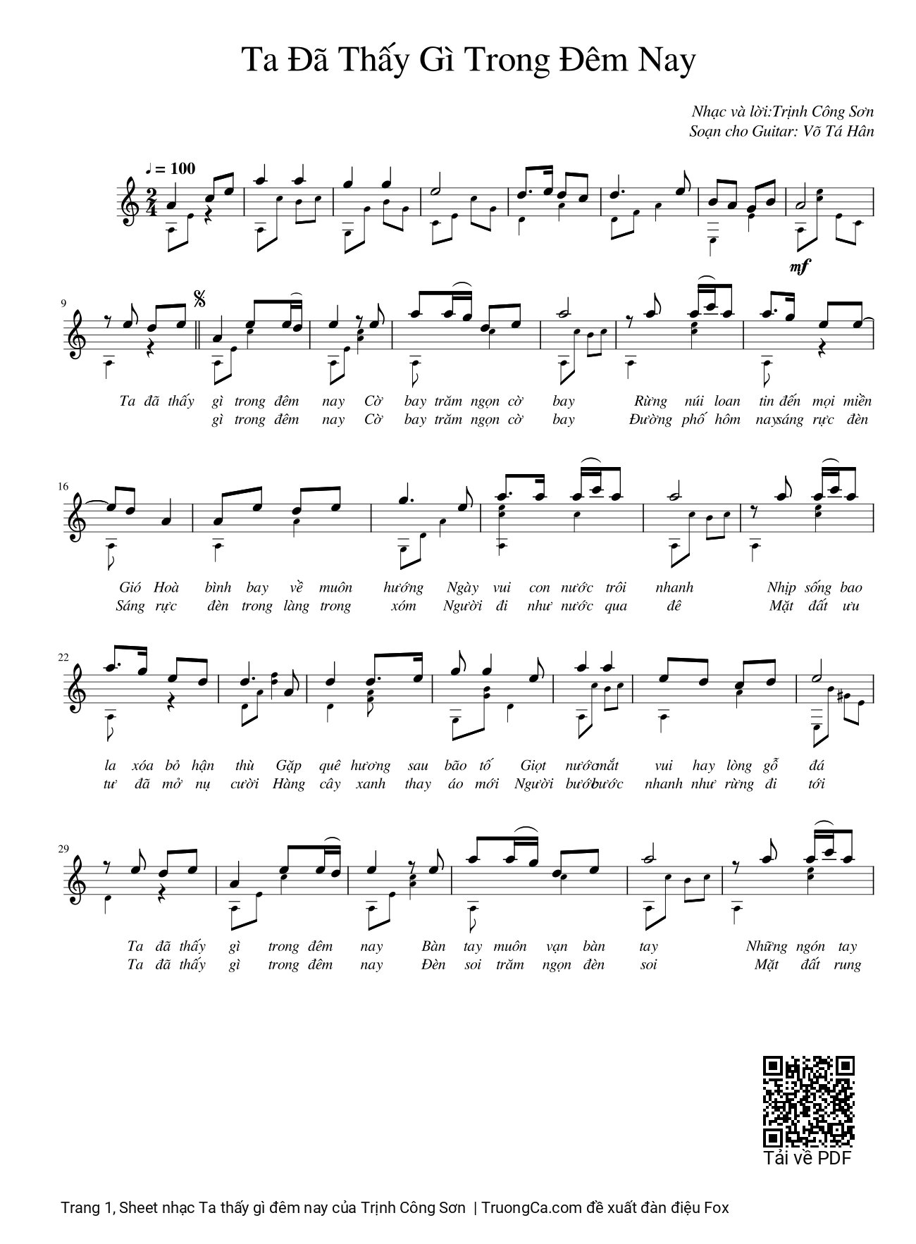 Trang 1 của Sheet nhạc PDF Guitar Tab bài hát Ta thấy gì đêm nay, Soạn cho Guitar - Trịnh Công Sơn