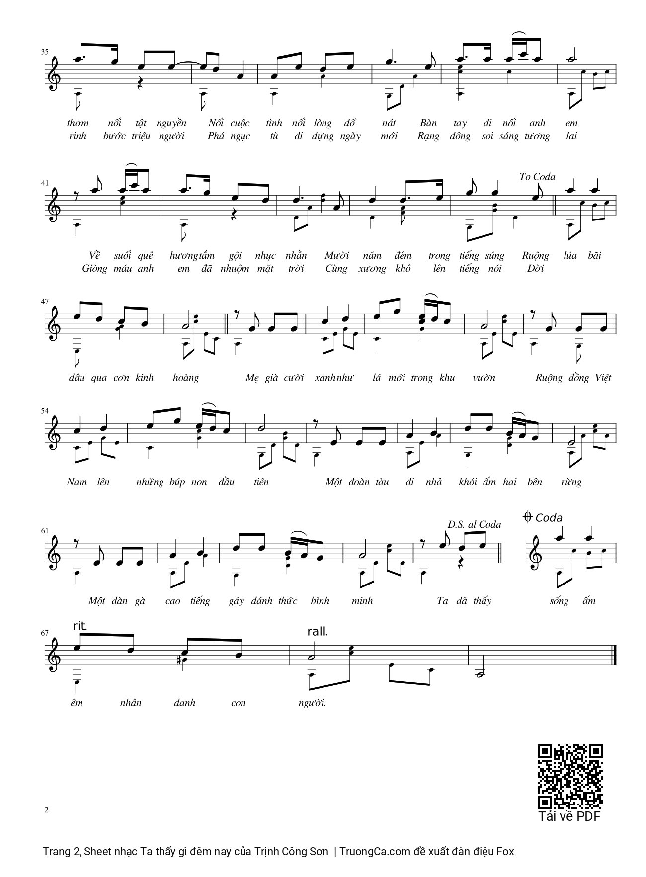 Trang 2 của Sheet nhạc PDF Guitar Tab bài hát Ta thấy gì đêm nay, Soạn cho Guitar - Trịnh Công Sơn, 1. Ta đã thấy  gì trong đêm nay, cờ  bay trăm ngọn cờ  bay. Rừng núi loan tin đến mọi  miền, gió hoà  bình bay về muôn  hướng