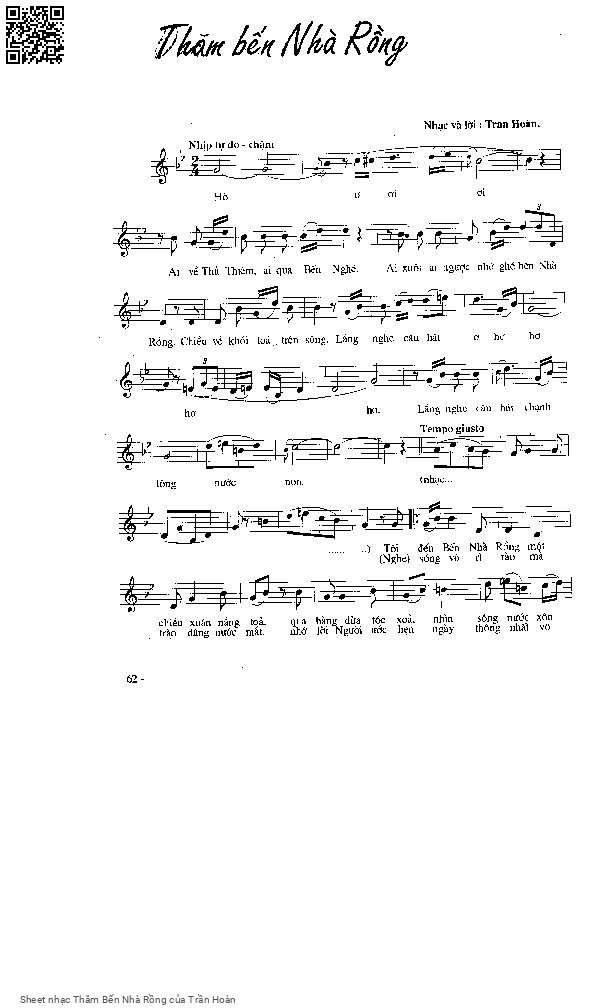 Trang 1 của Sheet nhạc PDF bài hát Thăm Bến Nhà Rồng - Trần Hoàn, Hò: Hò ơ ai về Thủ Thiêm ai qua Bến Nghé