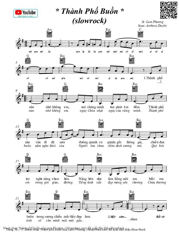 Trang 16 của Sheet nhạc PDF Piano Guitar Tab bài hát Thành phố buồn - Lam Phương, Có sheet Piano solo và sheet Guitar Tab bên dưới.  1. Thành phố  nào nhớ không  em