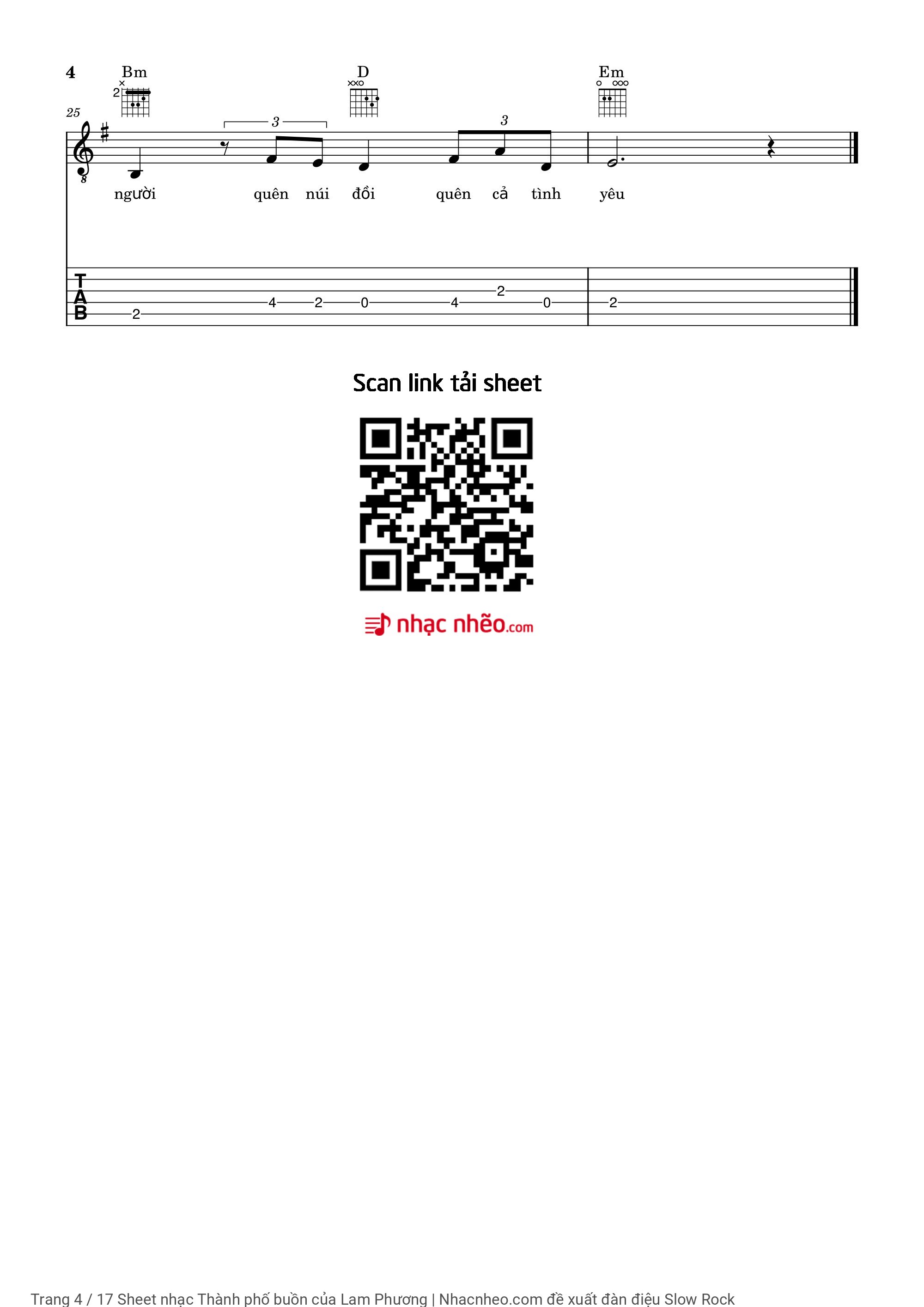 Trang 4 của Sheet nhạc PDF Piano Guitar Tab bài hát Thành phố buồn - Lam Phương, Có sheet Piano solo và sheet Guitar Tab bên dưới.  1. Thành phố  nào nhớ không  em