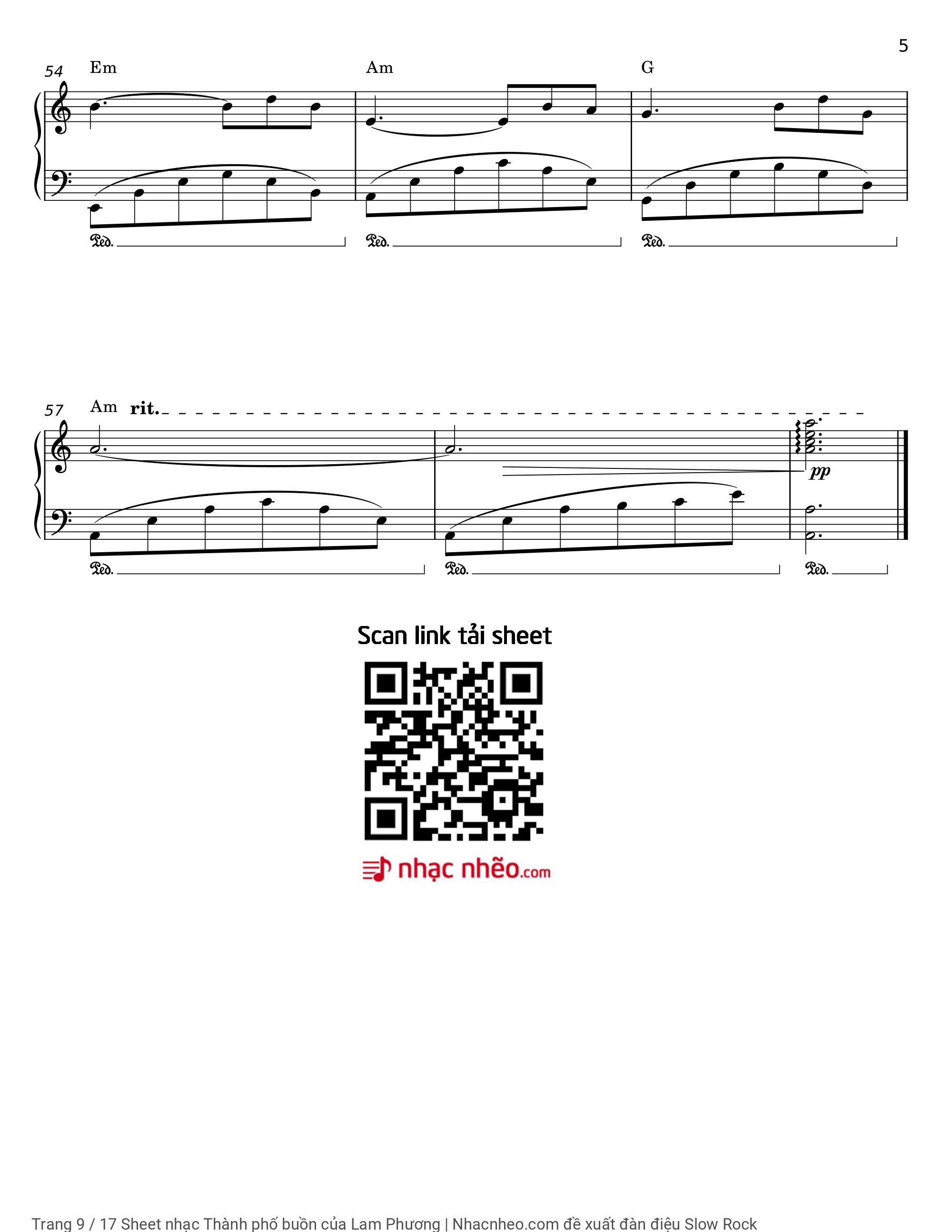 Trang 9 của Sheet nhạc PDF Piano Guitar Tab bài hát Thành phố buồn - Lam Phương, Có sheet Piano solo và sheet Guitar Tab bên dưới.  1. Thành phố  nào nhớ không  em