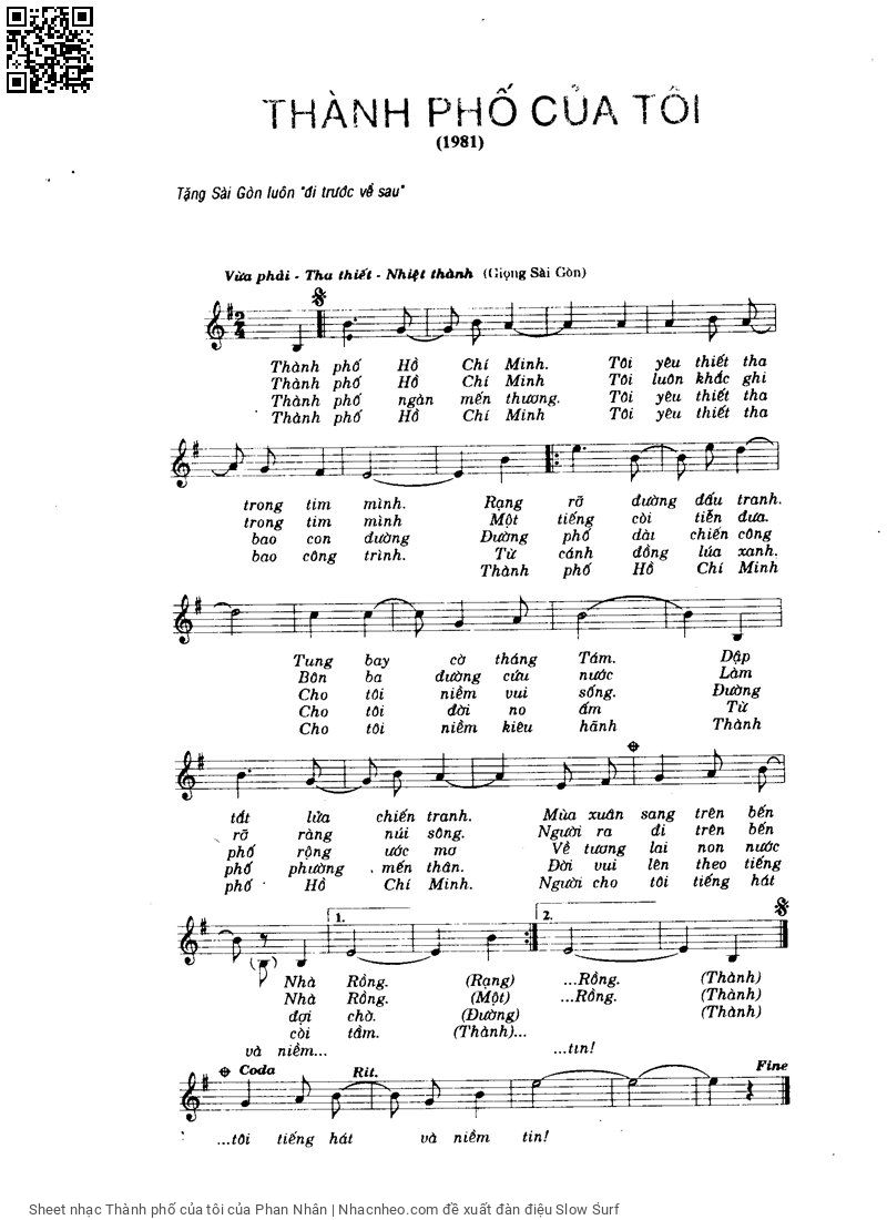 Trang 1 của Sheet nhạc PDF bài hát Thành phố của tôi - Phan Nhân, 1. Thành  phố Hồ Chí  Minh. Tôi  yêu thiết tha trong tim  mình Rạng  rỡ đường đấu  tranh