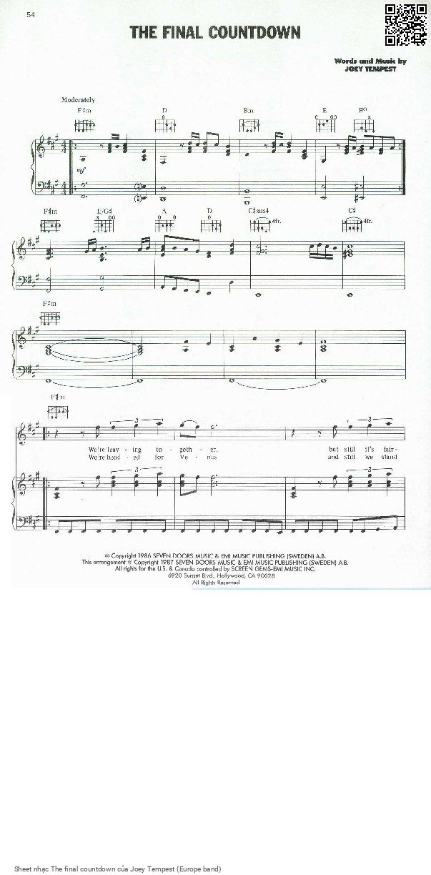 Trang 1 của Sheet nhạc PDF bài hát The final countdown - Joey Tempest (Europe band), Intro:  /.  1. We