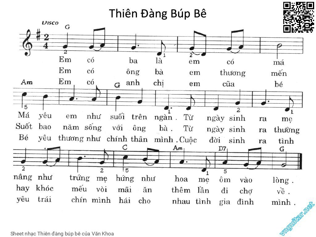 Trang 1 của Sheet nhạc PDF bài hát Thiên đàng búp bê - Văn Khoa, Em có ba là em có má. Má yêu em như  suối trên ngàn Từ ngày sinh ra mẹ nâng như trứng